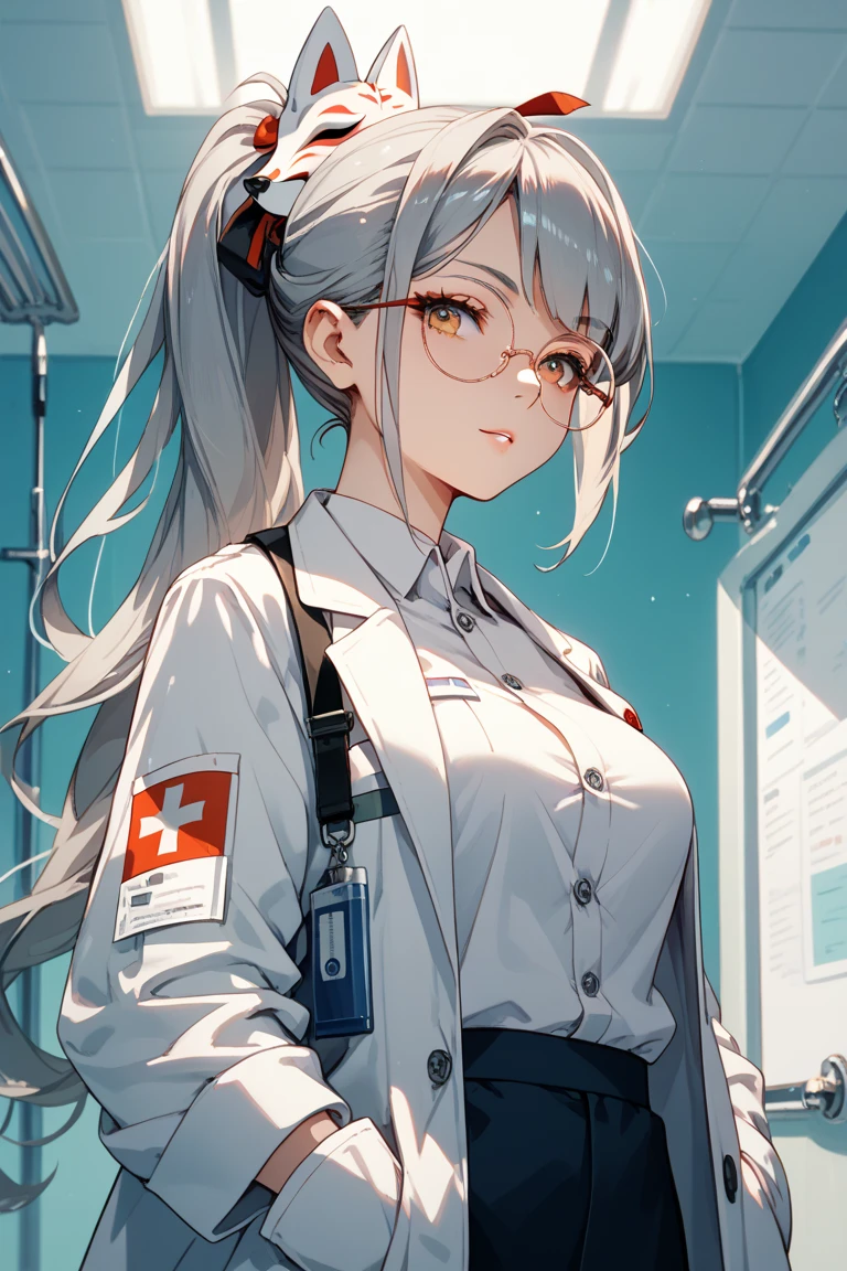 (highest quality:1.2, Very detailed, Latest, Vibrant, 超High resolution, High Contrast, masterpiece:1.2, highest quality, Best aesthetics), (((1 girl))), Shenhe, Genshin impact, White hair, long hair, silver eyes, original hair style, alternate costume, large breasts, Beautiful nurse, holding a large syringe, Carefully drawn medical equipment, Medical Uniforms, Professionalism, Bright colors, Soft lighting, Expressive eyes, Detailed lips, Long eyelashes, Stethoscope, Pleasant atmosphere, confidence, Focus on the nurse's face, Positive Energy, Calm background, Nurturing presence, High resolution, Sharp focus.
