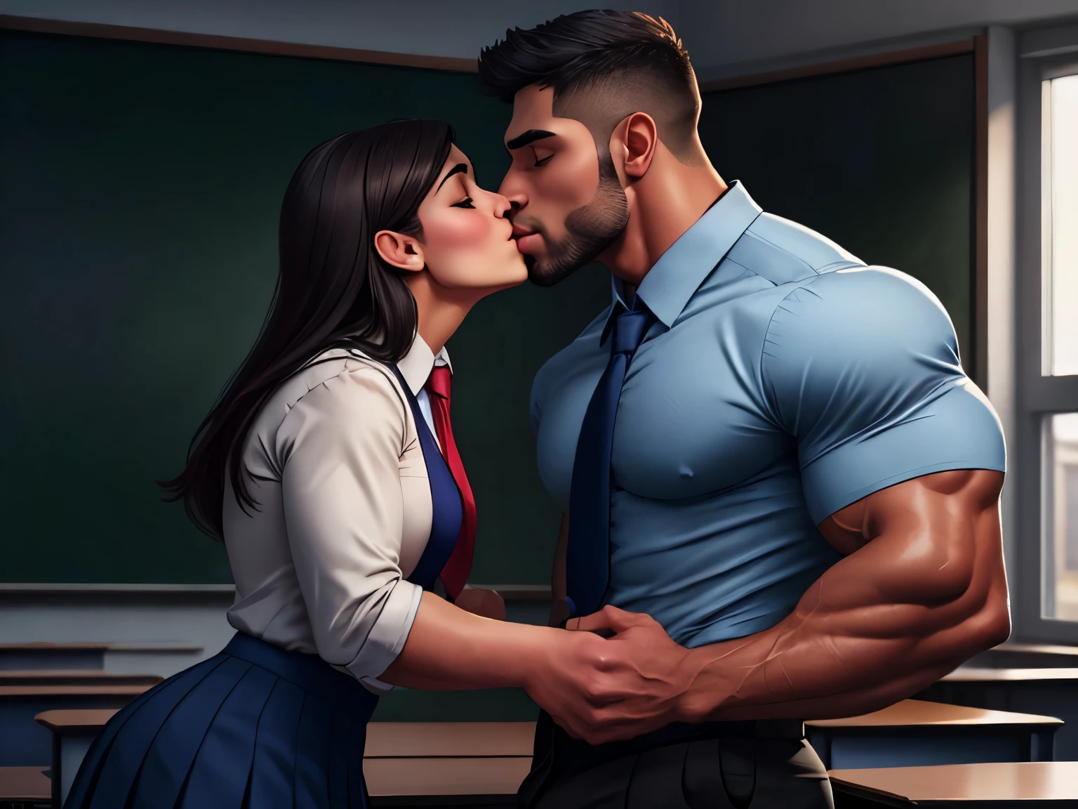 Amazing portrait of a sexy teacher wearing a shirt and jeans kissing and making out passionately with her male student in an empty classroom in an intimate setting