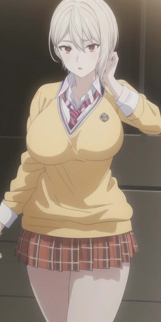 nakiri_alice, large_breasts, standing, solo, wet School_uniform_White_shirt_Brown_miniskirt_Yellow_sweater_Red_necktie, masterpiece, best quality, detailed face, detailed eyes, highres, sweating, exhausted, clothes off, cold face, full body, 