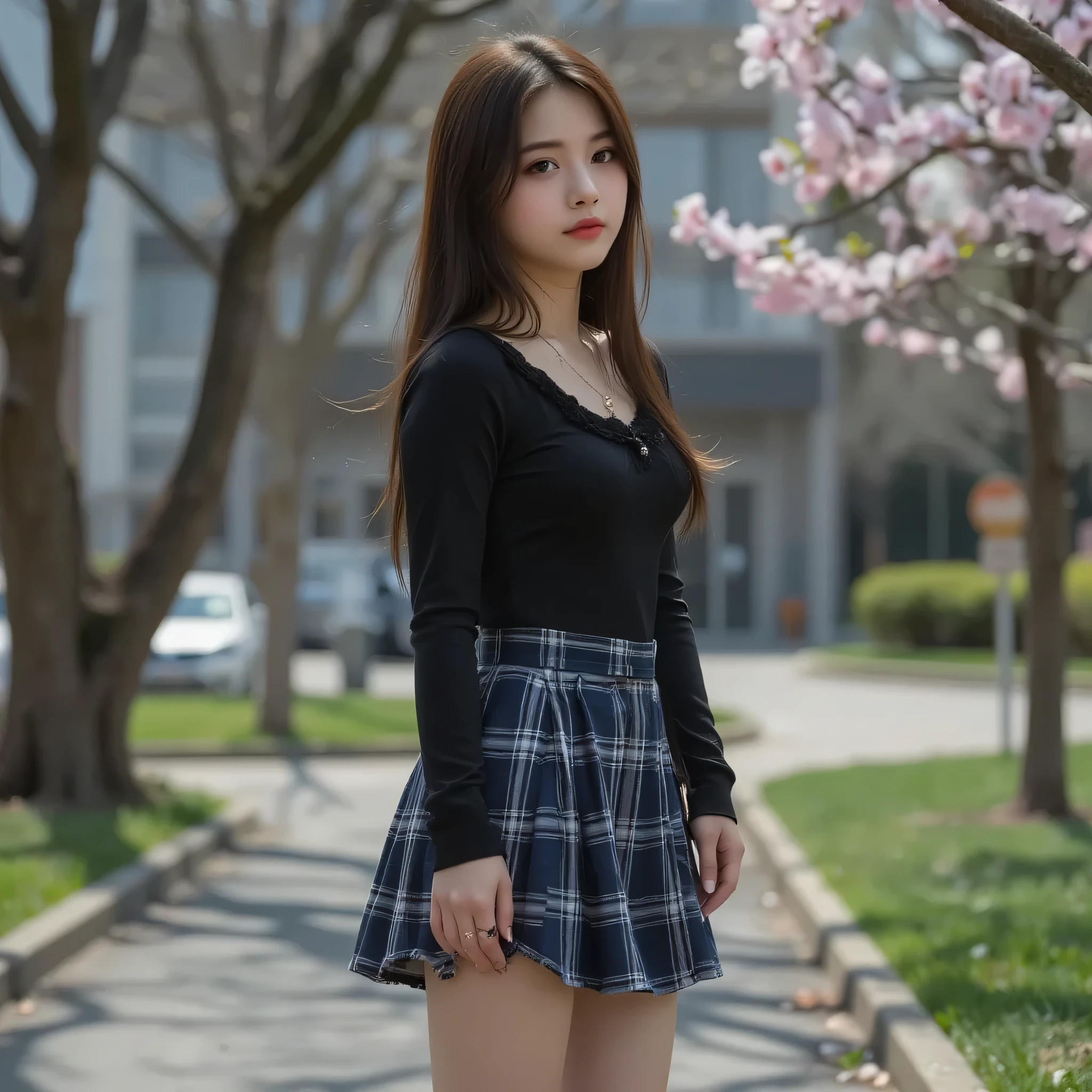 18 years old korean cute very pretty face girl with brunnette very long hair is dressed in a dark blue plaid mini skirt very short as we can see her white underwear panties, she is posing in a very sexy pose, we can see her legs in black nylon knee socks, and very classical black school shoes. she is in the campus of her high school in a spring day