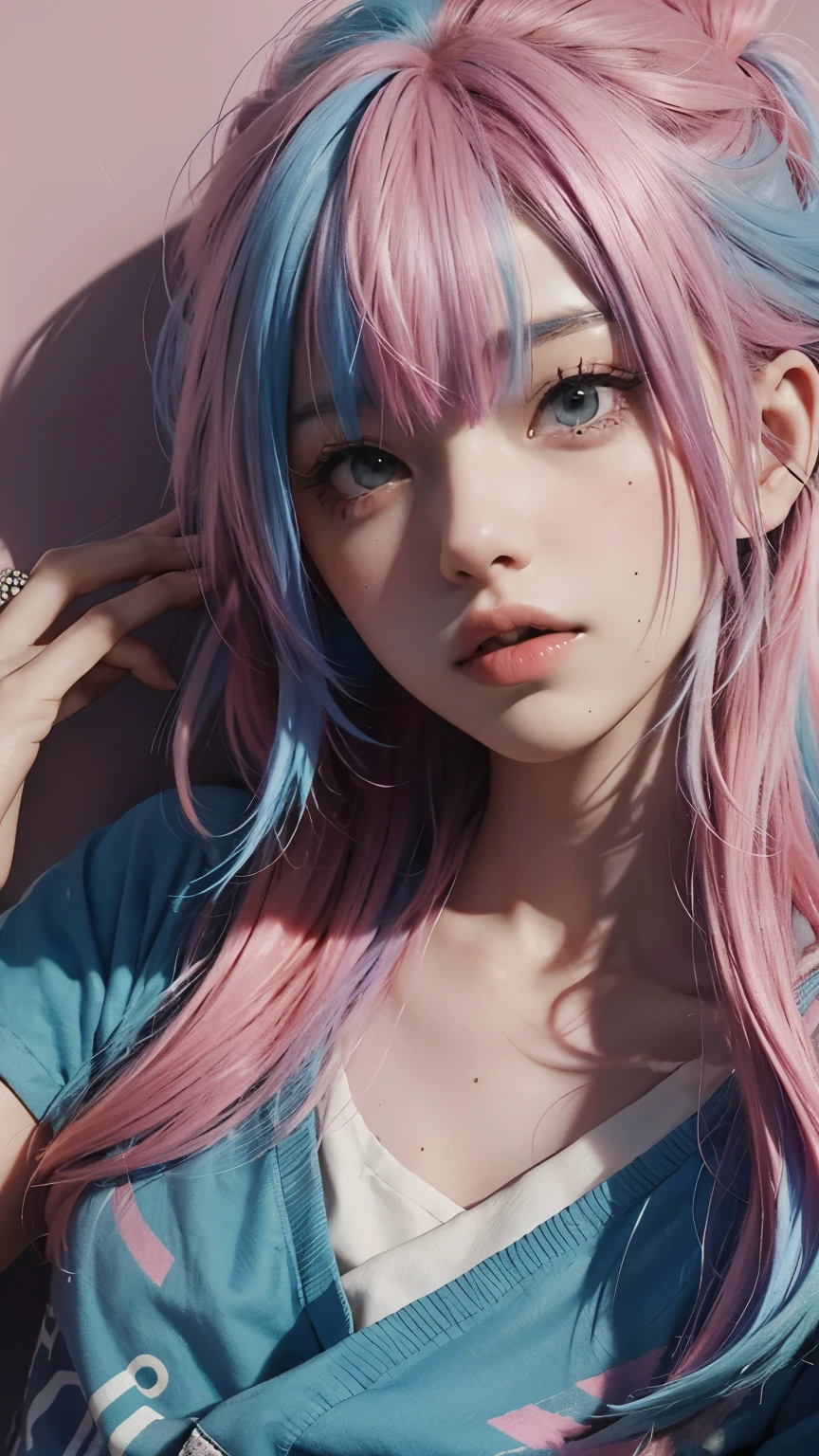 A close up of a person with pink and blue hair - SeaArt AI