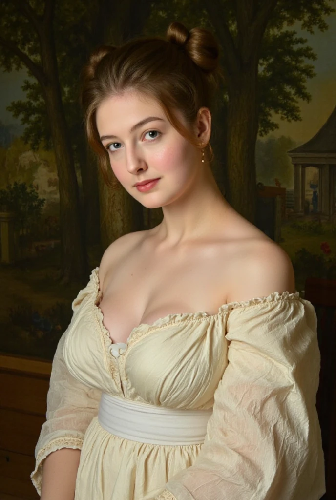 ((high resolution)), ((pale skin)), ((very pale skin)), Millie Bobby Brown, ((huge breasts)), in the style of Anthony van Dyck