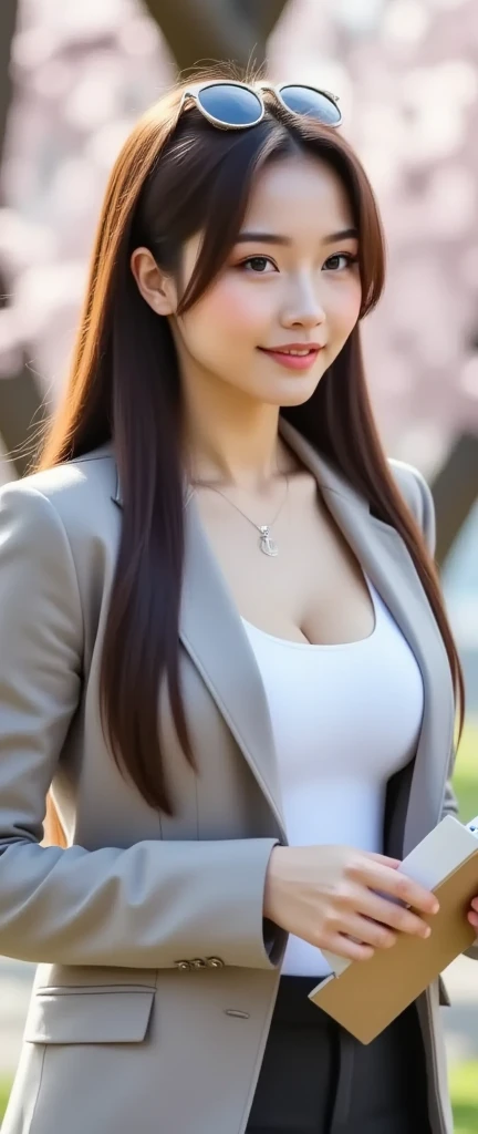 Beautiful Korean style girl, photoshoot, backlighting, dark tones, professional lighting. Wearing a white suit, revealing the chest, high-definition picture, wearing black leather pants, Realistic image, Highest quality light red hair, brown eyes, Highest image quality, Highly detailed and professional lighting, smiles Serious facial expression, sharp focus, masterpiece, full body shot, big breasts, gather your breasts together, wearing sun glasses, park background, 18 years old, sexy