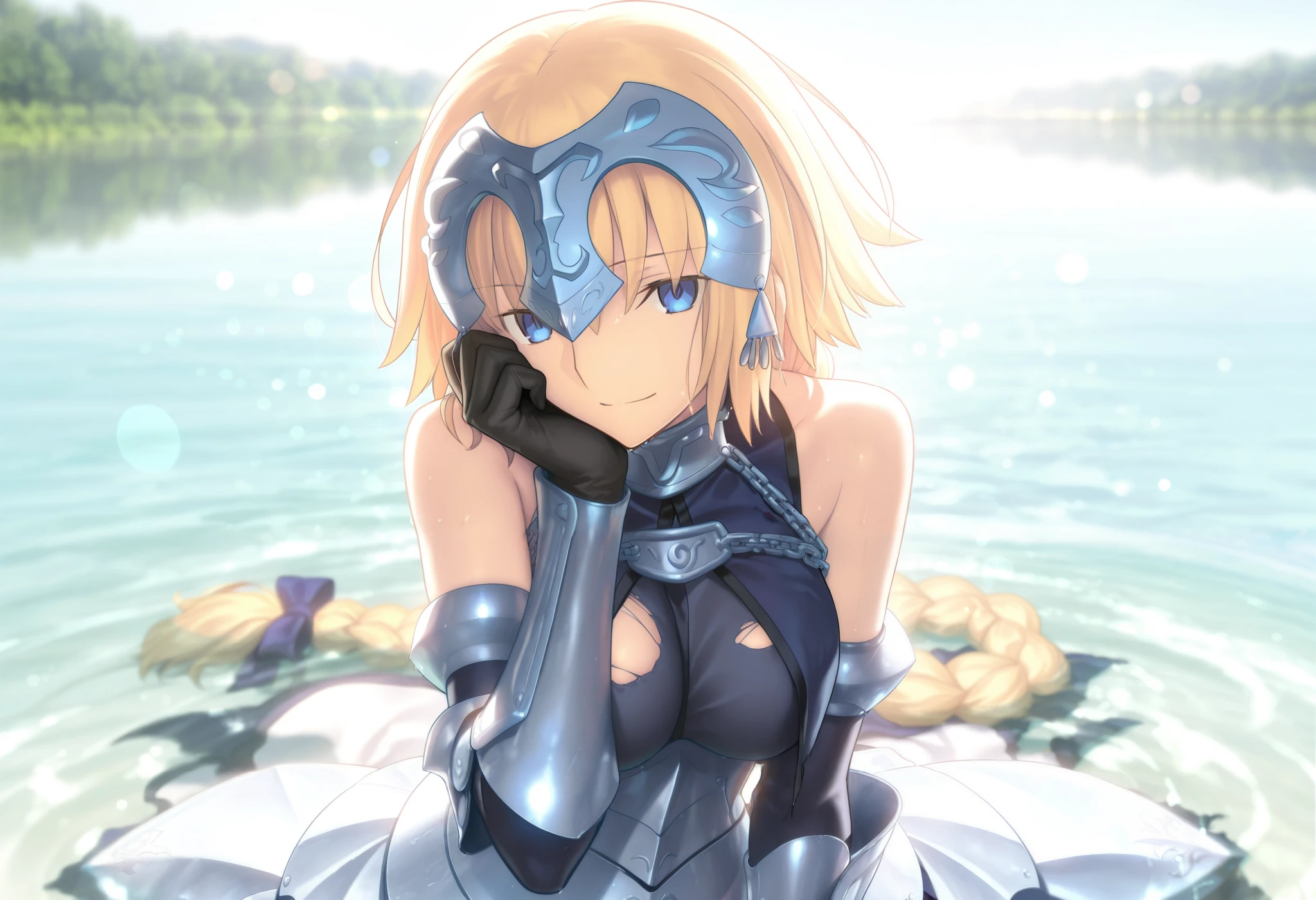masterpiece, , absurdres, highres, detailed background, high resolution, masterpiece, necessary, detail, best quality, quality, necessary, details, High details, Precise,, backlight, on lake, blue sky, day, outdoors, solo, lens flare, blurry background, (upper body shot:1.5), from above, on water, backlight,
girl, Takeuchi Takashi (type-moon,fate) style, takeuchi takashi style, (wariza, sitting on water), light smile, head rest,
girl, mature, tall female, jeanne d arc, \(fgo\), blue eyes, half-closed eyes, jeanne d arc, blonde hair, medium hair, (), armor, armored dress, black gloves, black thighhighs, big braid, torn dress, gauntlets, gloves, headpiece, torn blue dress, single braid, thighhighs, medium breasts, looking at viewer, , ,