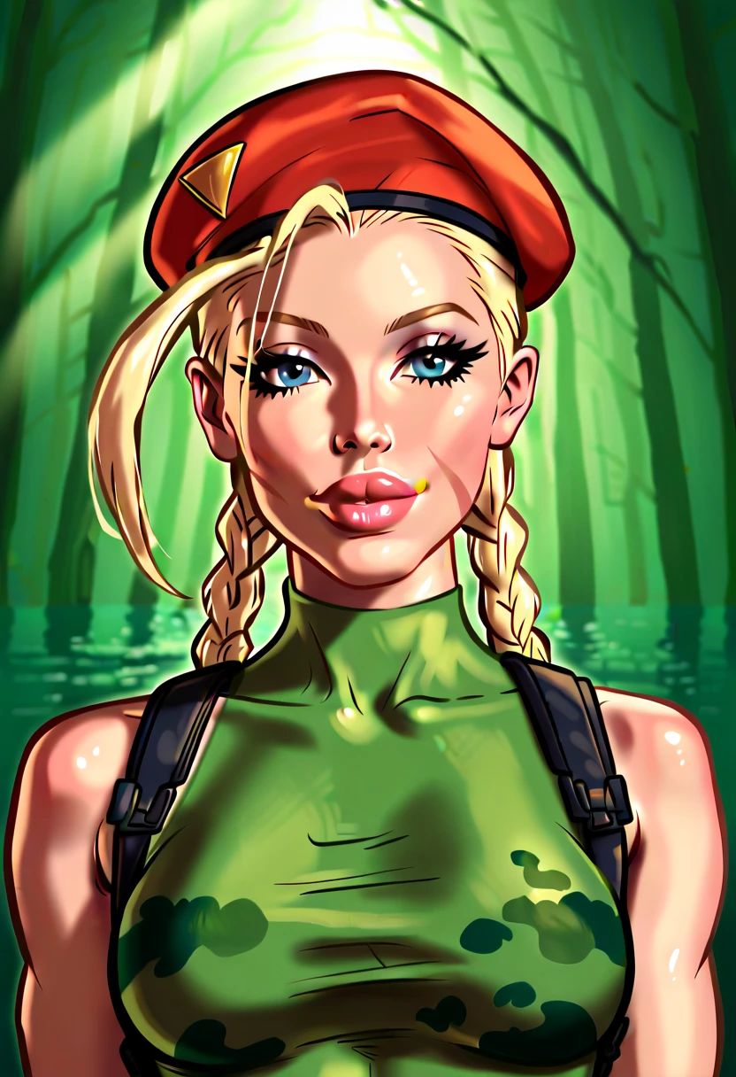 1girl, (solo:1.2), (looking at viewer:1.5), (upper body:1.5), (walking:1.2), (cowboy shot:1.5), (masterpiece:1.3), (best quality:1.3), (perfect anatomy:1.4), highly detailed, (secluded river scenery:1.2), (sunlight through trees:1.3), daylight,natural rock formations, nature,, cammy white, twin braids, long hair, (blonde hair:1.2), antenna hair, beret, (red headwear:1.3), (blue eyes:1.3), scar on cheek, large breasts, (green leotard:1.5), sleeveless, red gloves, fingerless gloves, camouflage, agawa, vibrant colors, warm palette, expressive, solid shading, clean lineart, 4k, NSFW, gorgeous face, perfect breast,