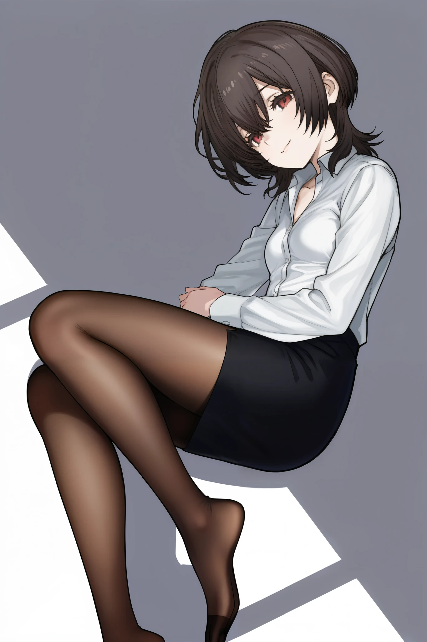 30-year-old woman,Very short hair,Glasses,office casual style,suit,Tight Skirt,pantyhose,((Knee-high long boots)),squatting.