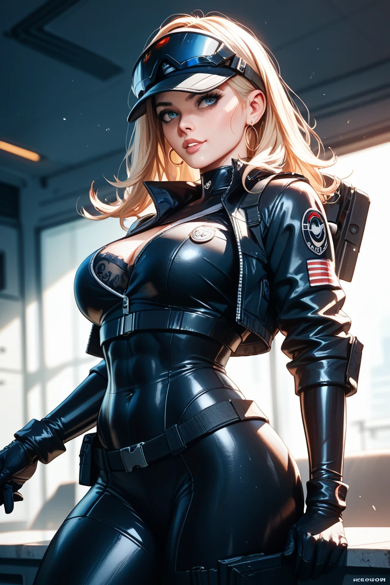 super fine illustration, ultra high resolution, masterpiece, highest quality, perfect shiny shinny skin, perfect lighting, detailed lighting, dramatic shadow, ray tracing, 1 beautiful white milf, looking at the viewer, small breasts, beautiful detailed hazel eyes, sharp face, clear eyes, red lips, long bangs, medium curly hair, blond hair, ((cyberpunk dark city)), Upper body, battle suit, military harness, Alice Abernathy - Resident Evil Series, Milla Jovovich, looking back,