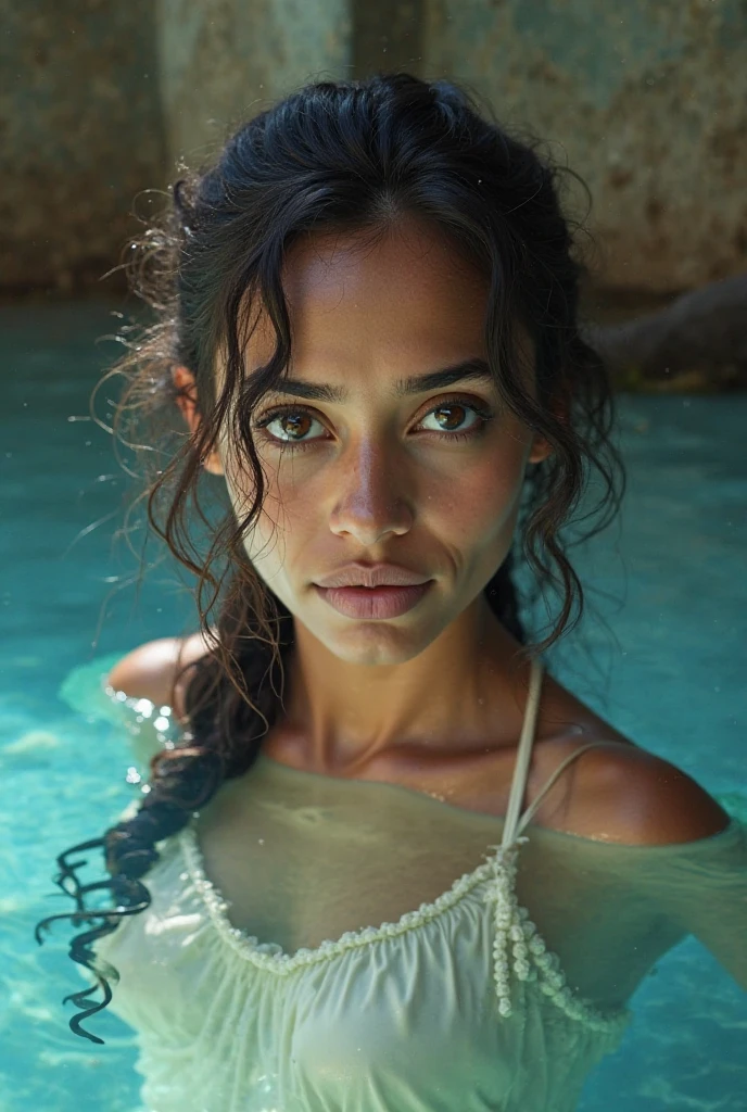 (whole body), Alone, detailed background, detailed face, (stone punks, stone theme:1.1), intelligent, (female), (african black), (beautiful hair, braids:0.2), shaman, septum piercing, mystic, (beautiful face), Awesome, head looking forward, (green eyes, serene expression), calm, Meditating, Bright blue dress, Seafoam Green, rosario, tribal jewelry, touched de tela en el pelo, touched:0.33, Exit, Obsidian, Detailed clothing, neckline, realistic skin texture, (floating particles, swirling water, embers, ritual, whirlwind, wind:1.2), sharp focus, volumetric lighting, Good highlights, good shading, subsurface dispersion, intricate, Very detailed, ((cinematographic)), dramatic, (of the highest quality, awarded, Masterpiece:1.5), (photorealistic:1.5), (intricate symmetrical warpaint:0.5), info