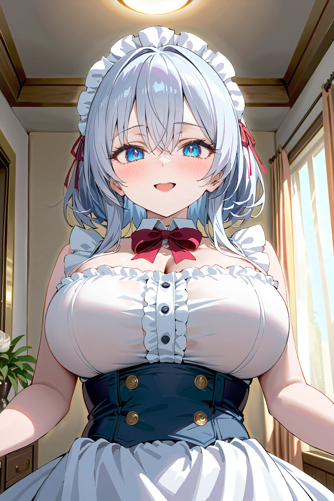 (masterpiece, best quality), 1girl, <lora:hestia-nvwls-v1:1> defhestia, twintails, hair ornament, white dress, blue bowtie, cleavage cutout, blue ribbon, arm ribbon, short dress, white gloves