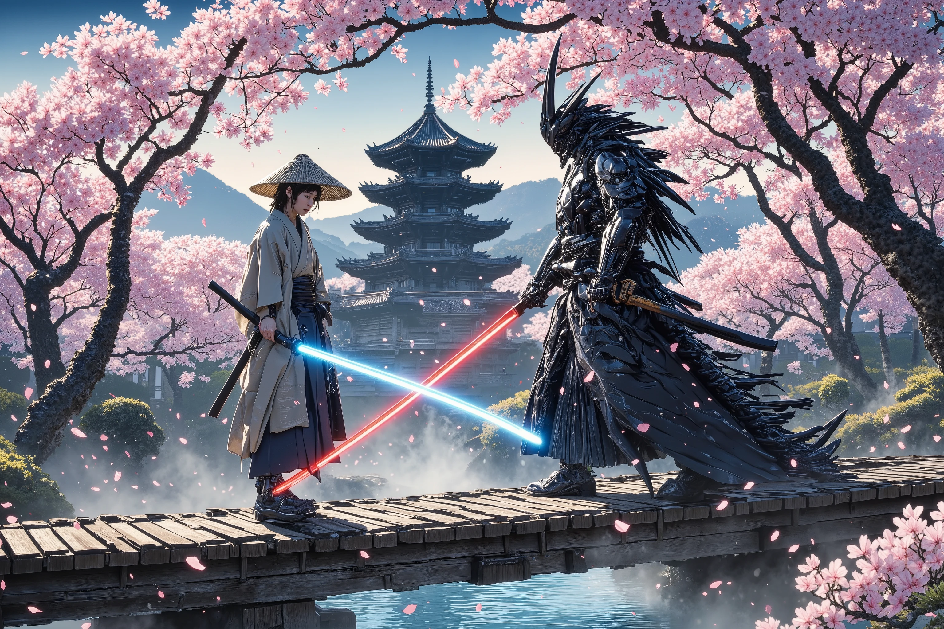**Scene Description for Flux AI Drawing (Ukiyo-e Style):**
The scene unfolds on a serene wooden bridge arching gracefully over a crystal-clear stream, framed by the soft pink hues of cherry blossoms in full bloom. The delicate petals drift gently in the breeze, creating an ethereal atmosphere that contrasts with the tension of the confrontation. Luke Skywalker, clad as a ronin, stands with quiet determination. His simple, weathered kimono is tied with a dark obi, his straw hat casting a shadow over his face, revealing only his focused gaze. In his hands, he grips a glowing blue lightsaber, its blade humming with energy, its light reflecting faintly on the wooden planks beneath his feet.
Across from him looms Darth Vader, a formidable figure reimagined with an Asian demon samurai aesthetic. His black cyber armor is adorned with intricate, menacing details—a horned kabuto helmet, a snarling oni mask, and layered plates resembling traditional samurai armor. His glowing red lightsaber casts an ominous crimson glow, its blade cutting through the tranquility like a harbinger of destruction. The steam rising from the stream curls around his armored boots, adding to his menacing presence.
The bridge, weathered and worn, creaks softly under their weight, its wooden beams etched with the scars of time. Around them, the cherry blossoms sway in the wind, their soft pink petals fluttering to the ground like nature’s silent witnesses. In the distance, the silhouette of a feudal Japanese castle rises against a backdrop of misty mountains, its towers blending seamlessly with the Star Wars aesthetic.
The composition is dynamic yet balanced, capturing the intensity of the moment while retaining the elegance of Ukiyo-e artistry. Luke’s calm resolve contrasts with Vader’s dark, imposing figure, their lightsabers creating a striking interplay of light and shadow.