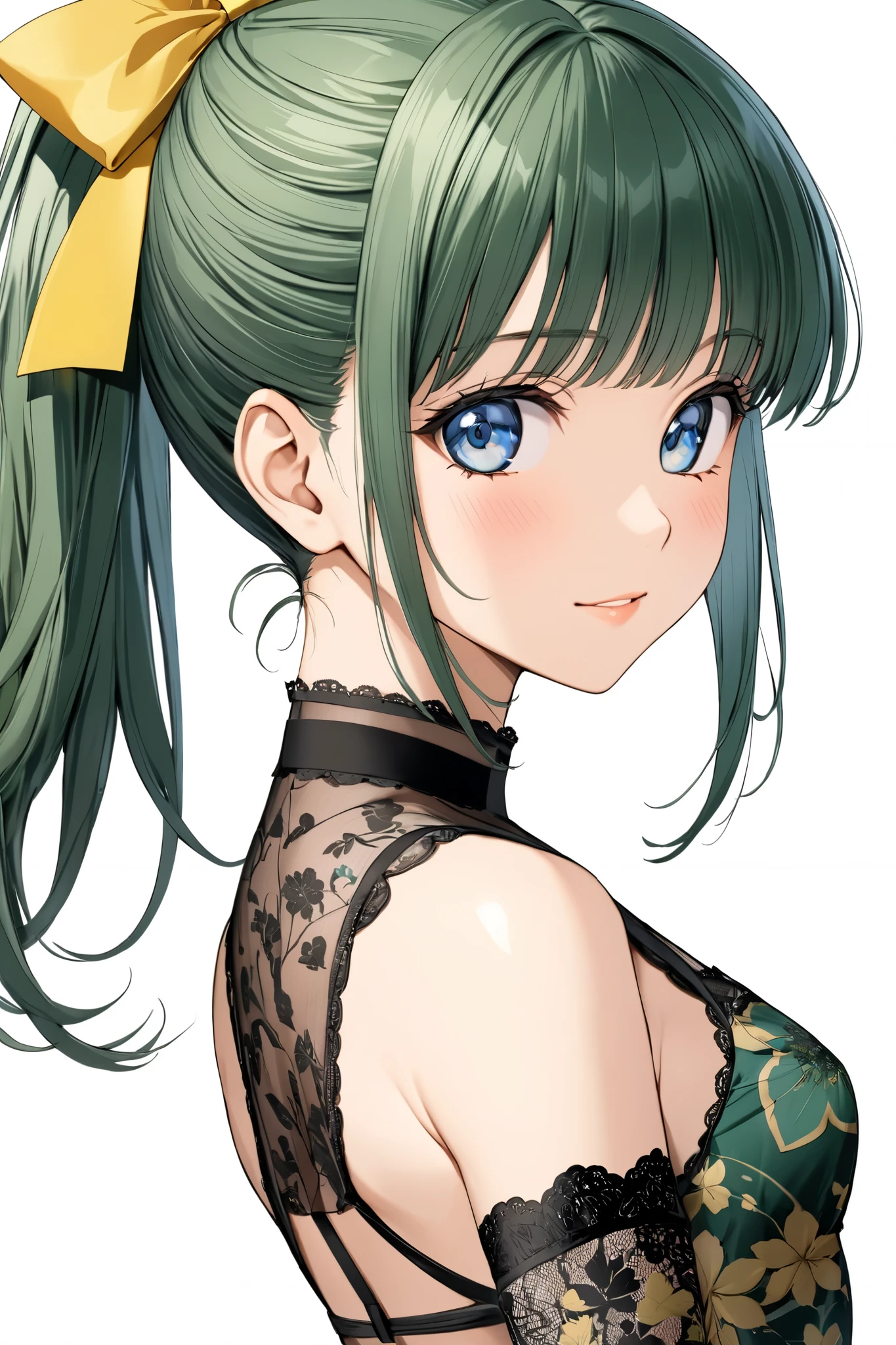 IijimaMiyuki, 1girl, solo, green hair, short hair, ponytail, blue eyes, Yellow bow, hair bow, bangs, small breasts,
1990s (style),kadoi aya style,
china_tight_slit_see-through dress,
cleavage_abdomen_back cutout,
micromini_slit skirt,
lace trim, ( green floral pattern print dress:1.2),
black_see-through tights,
blush stickers, seductive smile,
from side
upper body,
looking at viewer,
simple white background,
high resolution, masterpiece, accurate, anatomical correct, best quality, HD, detail, high detail, high quality, quality, retina, highly detailed, textured skin, ultra high definition,