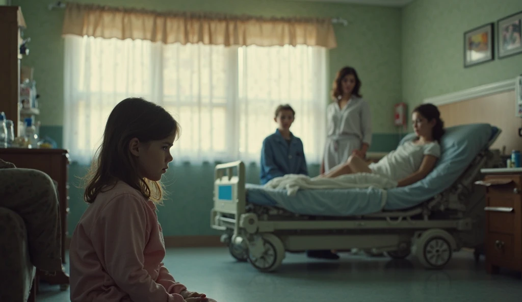 front view, 10 year old girl sleeping in the hospital bed, 10 year old girl sleeping, medical equipment, her mother at her side, sitting on a chair, respirator, woman sitting next to the bed, mother reading a magazine, dramatic low light, hyperrealistic, cinematic, high level of detail, high resolution