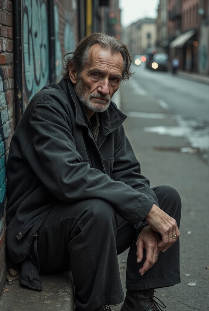 Homeless man, full body shot, rough face, 50yo, serious face, sitting on a piece of cardboard , ultra realistic, ultra detailed, canon r5, octane render, 8k