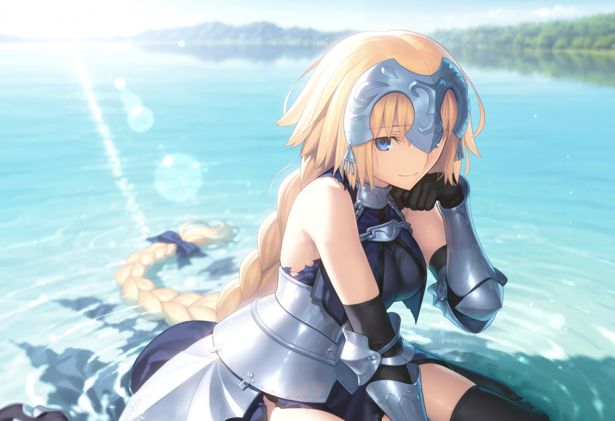 masterpiece, , absurdres, highres, detailed background, high resolution, masterpiece, necessary, detail, best quality, quality, necessary, details, High details, Precise,, backlight, on lake, blue sky, day, outdoors, solo, lens flare, blurry background, (upper body shot:1.5), from above, on water, backlight,
girl, Takeuchi Takashi (type-moon,fate) style, takeuchi takashi style, (wariza, sitting on water), light smile, head rest,
girl, mature, tall female, jeanne d arc, \(fgo\), blue eyes, half-closed eyes, jeanne d arc, blonde hair, medium hair, (), armor, armored dress, black gloves, black thighhighs, big braid, torn dress, gauntlets, gloves, headpiece, torn blue dress, single braid, thighhighs, medium breasts, looking at viewer, , ,