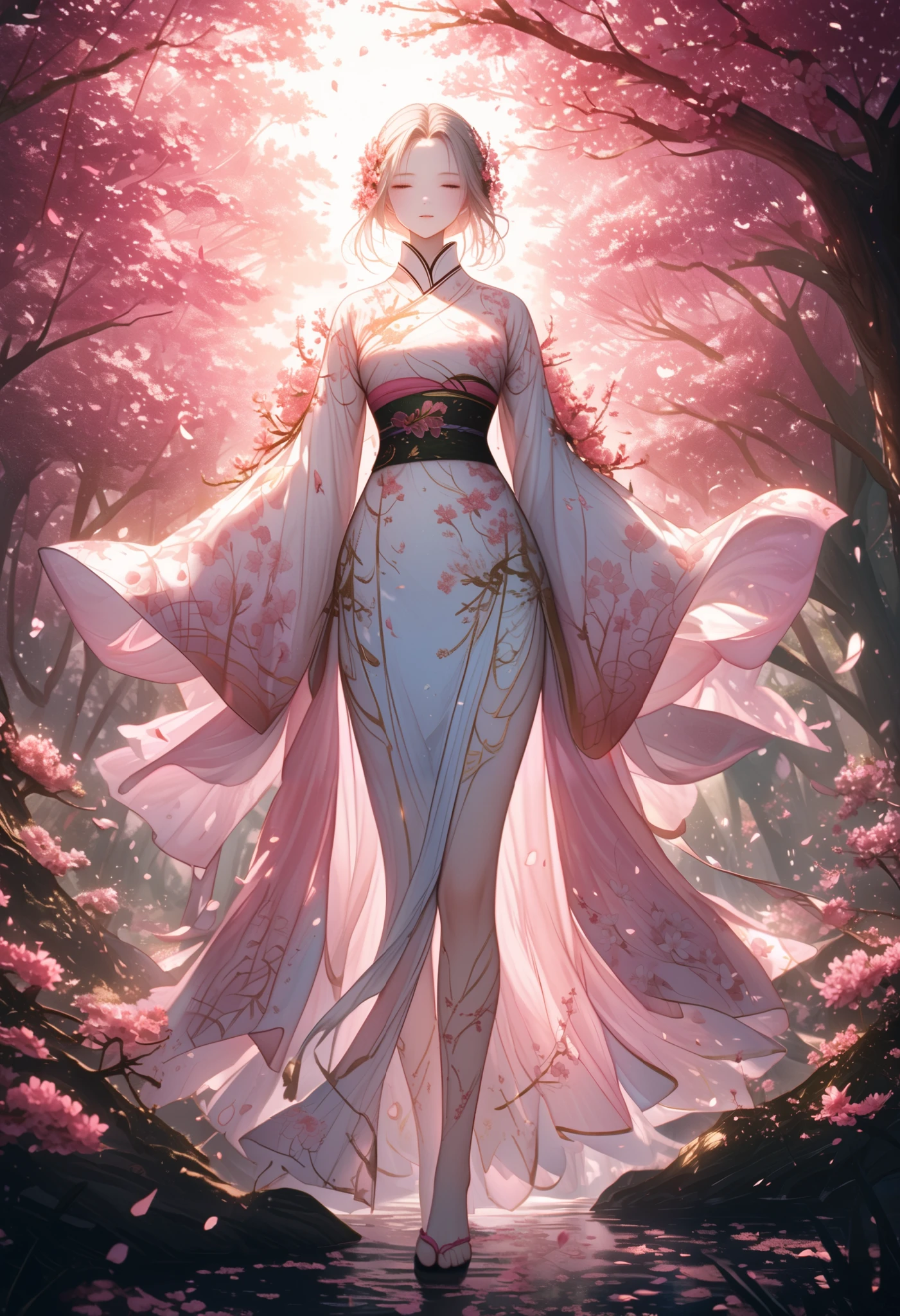 w1w1_v1, Sakura Goddess standing gracefully in a serene spring scene, surrounded by gently falling sakura petals, her flowing kimono adorned with intricate cherry blossom patterns, soft pastel pinks and whites blending with vibrant accents of cherry glow, delicate silk textures shimmering in the sunlight, ethereal beauty with a warm, radiant aura, cherry trees in full bloom in the background, a harmonious mix of nature and elegance, highly detailed, cinematic lighting, 8k resolution