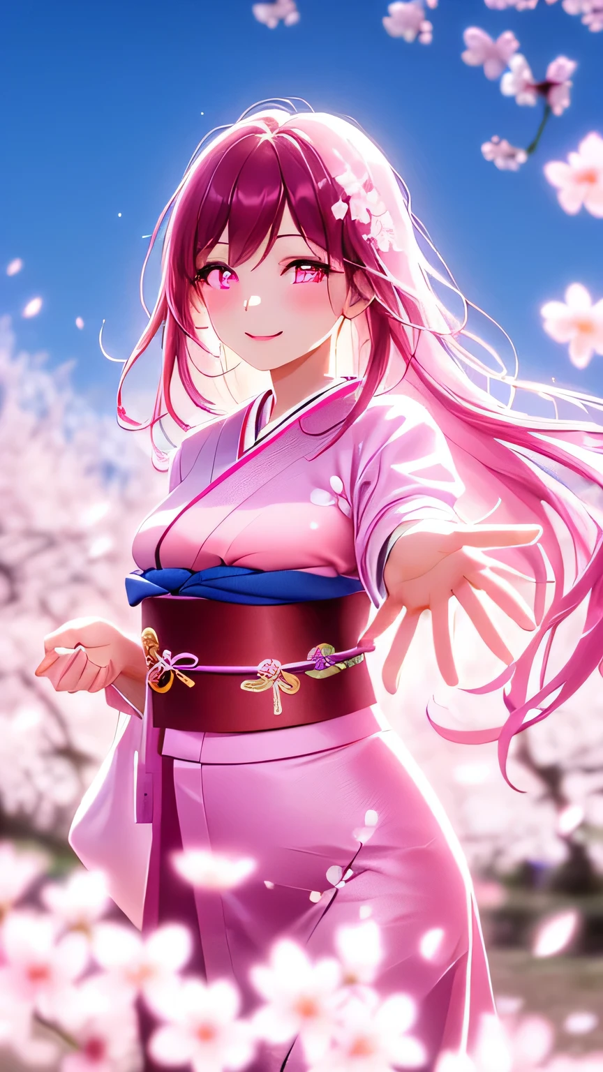 1 fantastic woman like incarnation of cherry blossoms, pink hair, looking at viewer:1.3, eyes is gazng to viewer:1.2, cherry blossom, furisode, embroidery inspired by cherry blossoms, a captivating gentle smile, eyes shimmering with a mysterious sense of happiness, both hands reaching out to touch the petals, The cherry trees are in full bloom, petals dance in the wind creating an enchanting scene, dreamlike glow, ((glowing,pink theme, light,outline, sparkle, gradient, gradient background, shiny, magic, pink theme)), (extremely detailed, high resolution, absurdres,4K)