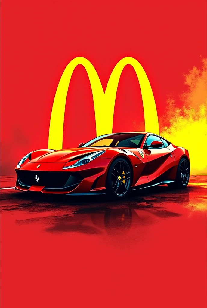 	Intégrer les arches dorées de McDonald’s avec la silhouette fluide et dynamique d’une Ferrari.
	•	Créer une composition où la calandre ou le logo de Ferrari se transforme subtilement en une forme rappelant une frite géante ou un burger stylisé.
	•	Appliquer des effets glitch et des superpositions de couleurs pop (or, rouge, noir) pour apporter une touche contemporaine et rebelle.