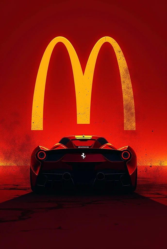 	Intégrer les arches dorées de McDonald’s avec la silhouette fluide et dynamique d’une Ferrari.
	•	Créer une composition où la calandre ou le logo de Ferrari se transforme subtilement en une forme rappelant une frite géante ou un burger stylisé.
	•	Appliquer des effets glitch et des superpositions de couleurs pop (or, rouge, noir) pour apporter une touche contemporaine et rebelle.