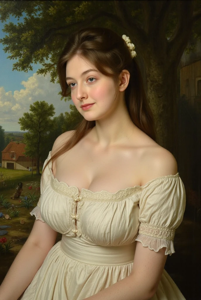 Nathalie Portmann, 25 ans, seductive look, sourire romantique, fine, brune, yeux verts, masterclass, 8K, UHD, HD, High quality, sexy, dans un tableau de peinture de la renaissance, Liberty Leading the People, topless, French Revolution, sixteen chapel