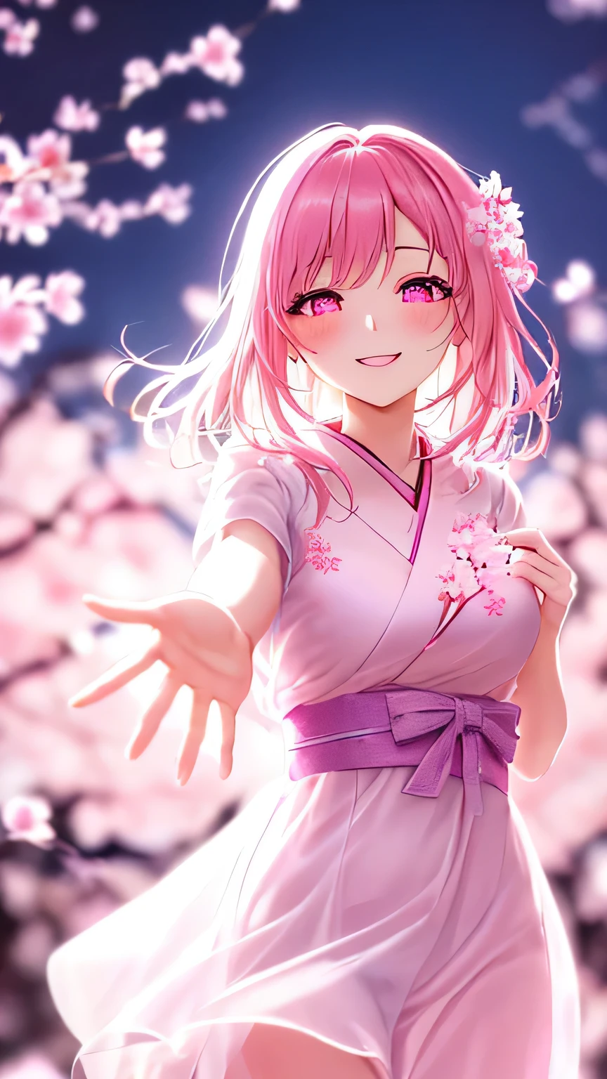 1 translucent girl like fairy:1.1, pink hair, looking at viewer:1.1, eyes is gazng to viewer:1.1, cherry blossom, furisode like chiffon dress, embroidery inspired by cherry blossoms, a captivating gentle smile, eyes shimmering with a mysterious sense of happiness, both hands reaching out to touch the petals, The cherry trees are in full bloom, petals dance in the wind creating an enchanting scene, dreamlike glow, ((glowing,pink theme, light,outline, sparkle, gradient, gradient background, shiny, magic, pink theme)), (extremely detailed, high resolution, absurdres,4K)