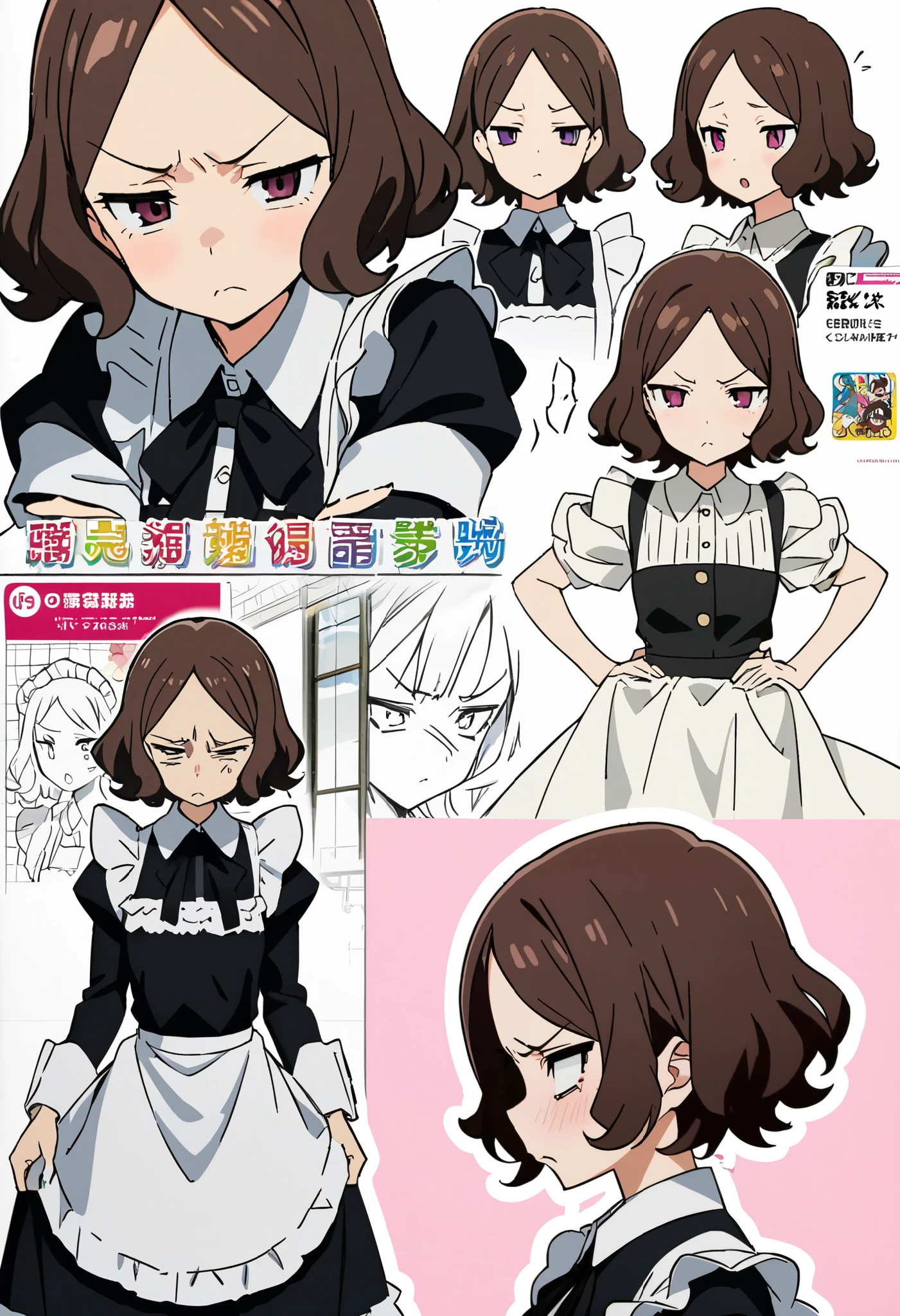 girl, ebizuka tomo, profile,Anime Coloring Book,maid clothes, zitoida,disgust,Contempt,Disappointed,get angry,Masterpieces , best quality , Character Design Sheet,Front , Three Views ,is tall,Facing Front