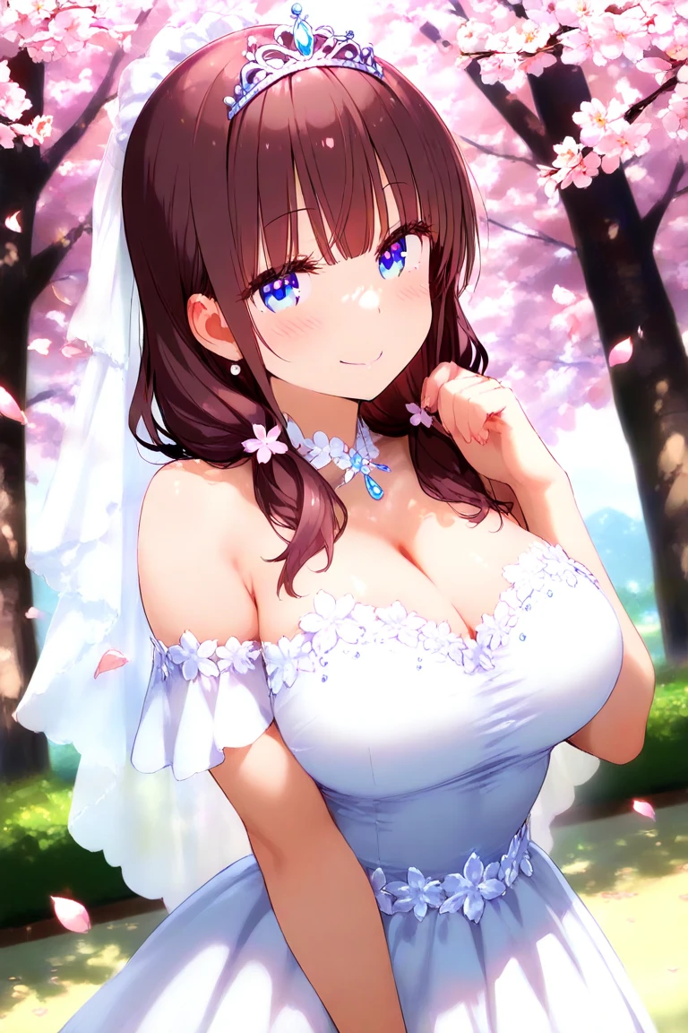 masterpiece, best quality, ultra-detailed, illustration,masterpiece, Best quality, high resolution, high resolution, SeraDef, 1girl, brown eyes, brown hair, bangs, long hair, hair tubes,beautiful detailed eyes, looking at viewer in a seductive look, close up, (breast focus), (arms behind back:1.2), (from above:1.1),big sized breasts, attempt to seduce,blush, cleavage ,(wide thighs), (weeding dress), (white dress),(white veil),(tight dress)