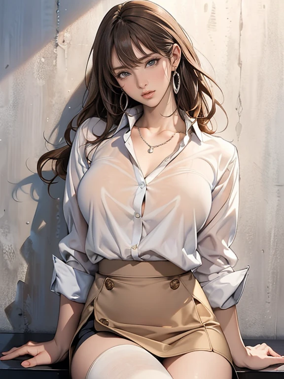 Masterpiece, Excellent, 1 Female, Upper Body, Light Brown Hair, Bright Eyes, Shirt, (Rock Star), Big Breasts, Wet Hair
