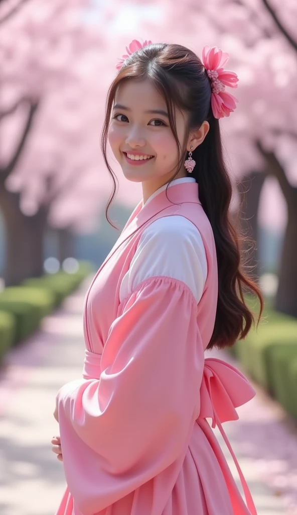 a smile、There is a woman in a pink dress with flowers in her hair, palatial palace