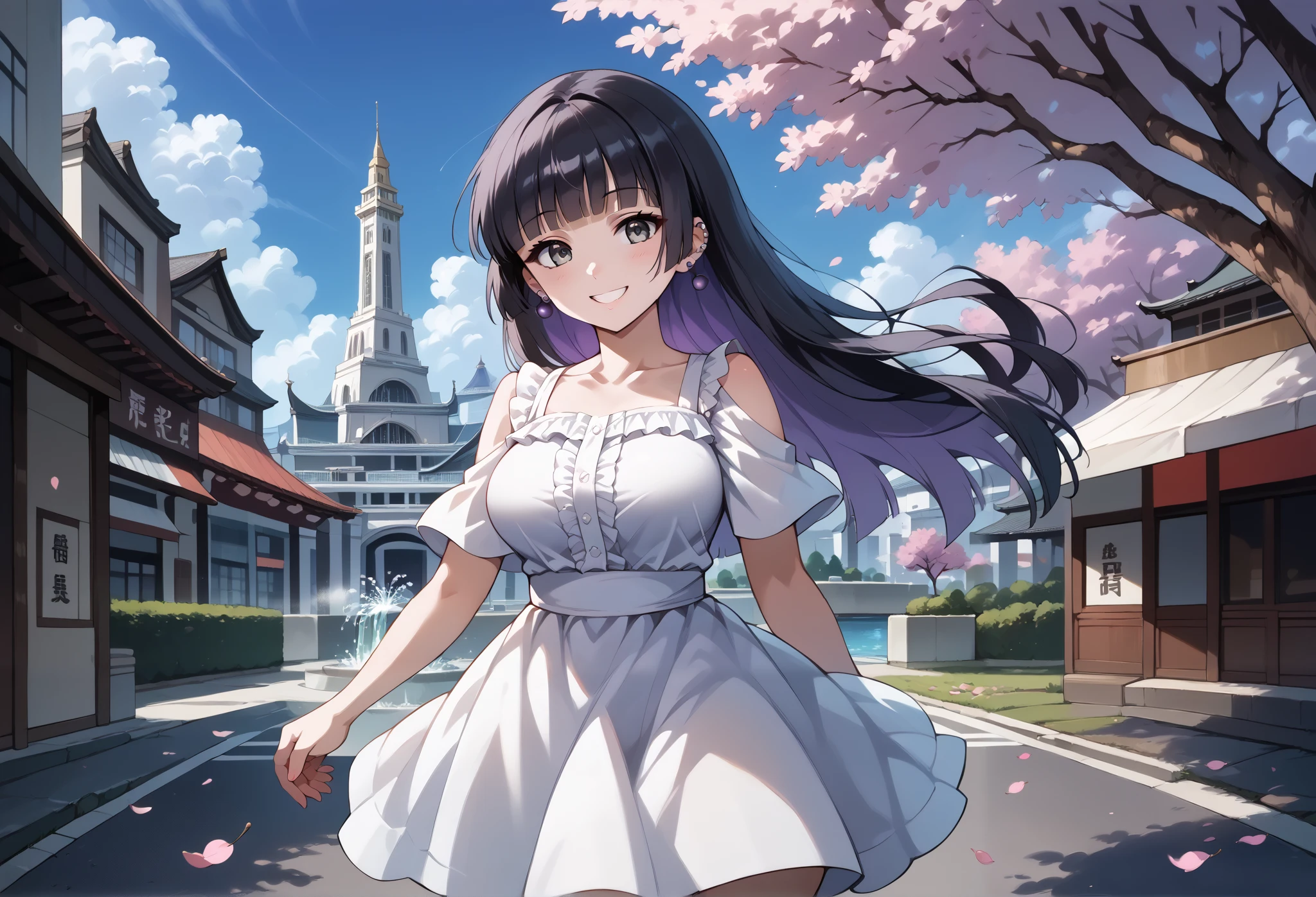 score_9, score_8_up, score_7_up, source_anime, 4K,perfect fingers,(perfect hands, perfect anatomy),prefect lighting, very aesthetic, intricate details,highly detailed background, masterpiece, high quality, best quality,
1girl,solo,pasan, pasan, ((black hair:1.5)), blunt bangs, blunt ends, chin piercing, colored inner hair, ear piercing, grey eyes, hime cut, long hair, medium bangs, multicolored hair, piercing, purple hair, ((large breast:1.5)),
wearing ((casual dress,frills,ornate clothing, )),,
(walking on a cherry tree on the street: 1.3), Sakura petals fall ,action pose, looking at viewer, head tilt, playful smile,from behind, leaning forward, looking at viewer, smile, outdoors, sky, solo focus, day, cloud, city plaza, water fountain,pov, noon,