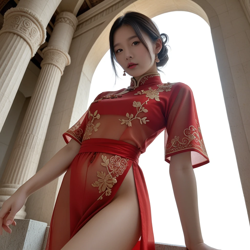 1 woman (Scarlett Johannsson, age 25, intricate silk Chinese dress with lots of embroidery sheer with several large slits, no underwear, traditional hairstyle and Chinese makeup) wandering through a palace garden