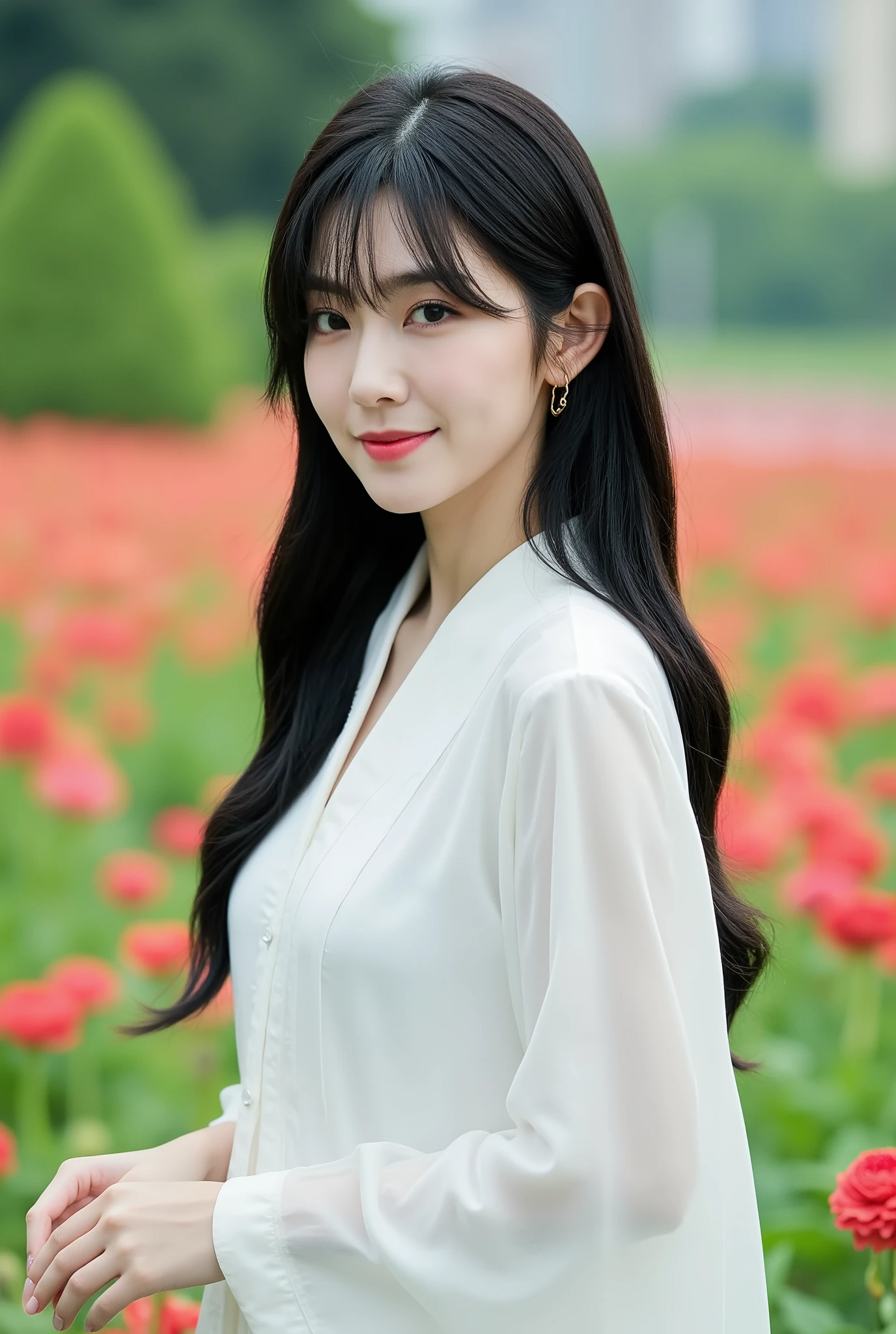 Create a stunning portrait of a beautiful Japanese actress with porcelain skin and tousled, long black hair. She is wearing a flowing pure white dress, standing in a vibrant flower garden with a radiant smile. The scene is illuminated with cinematic lighting, enhancing the ethereal quality of the moment.