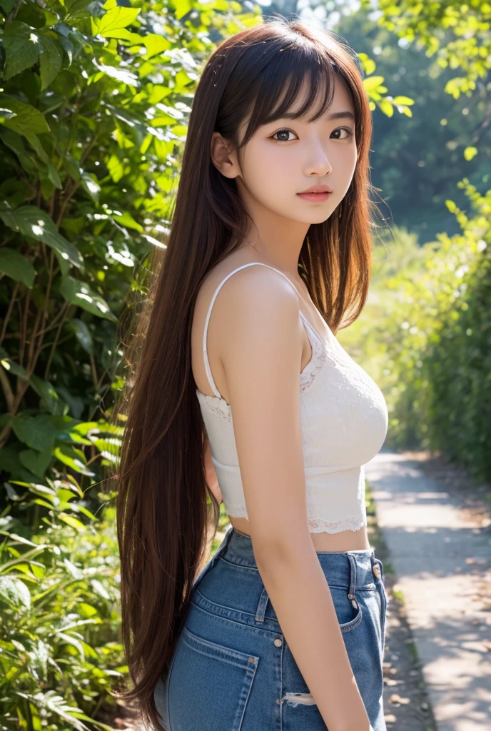 Cute female semi realistic video game character brown hair, semi asian face, two moles on the face and background of a beautiful park in the middle of the day. Quote theme