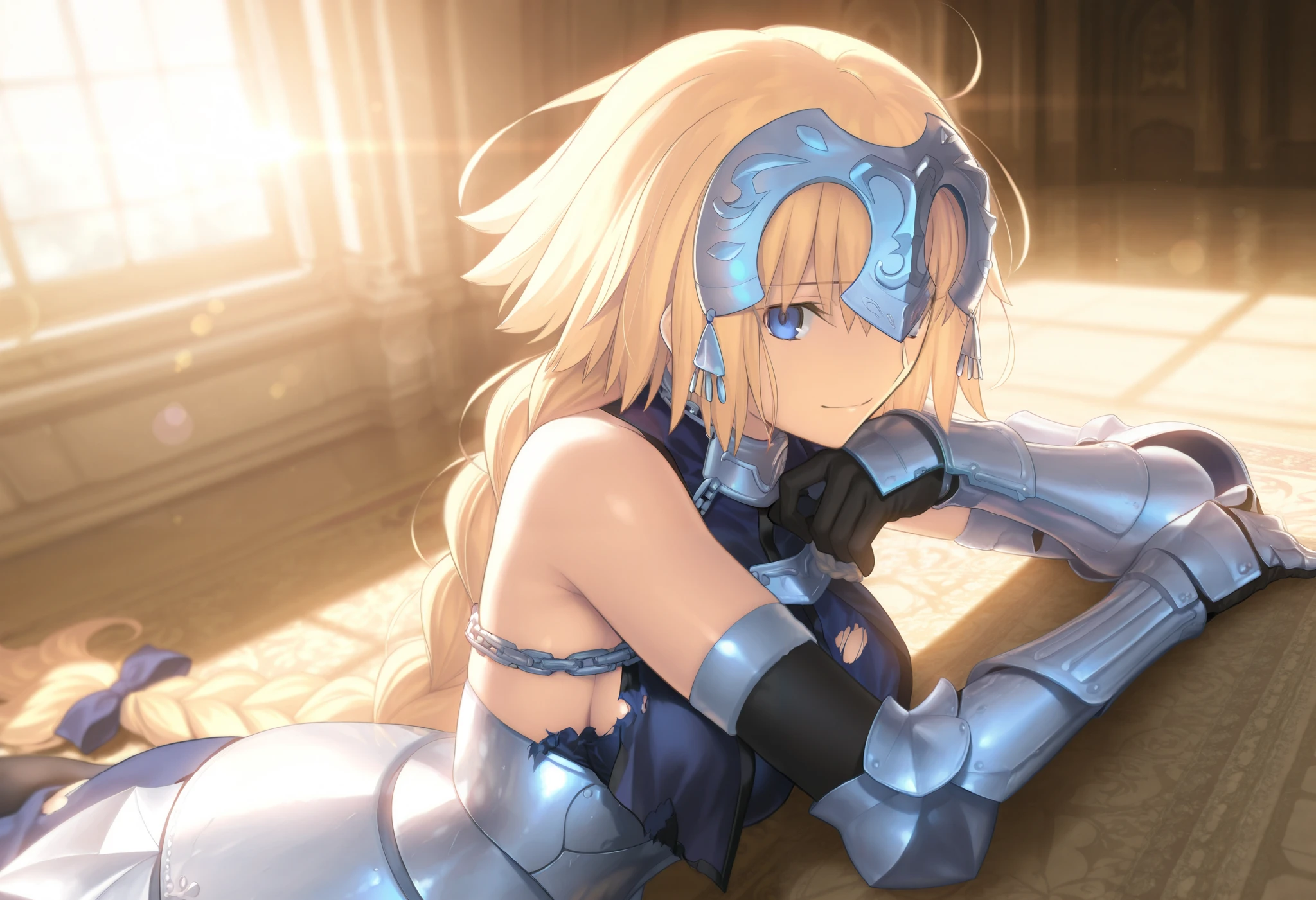 masterpiece, , absurdres, highres, detailed background, high resolution, masterpiece, necessary, detail, best quality, quality, necessary, details, High details, Precise,, backlight, day, indoors, solo, lens flare, blurry background, (upper body shot:1.5), from above, ,
girl, Takeuchi Takashi (type-moon,fate) style, takeuchi takashi style, (wariza, sitting), light smile, leaning on object, Heart racing,
girl, mature, tall female, jeanne d arc, \(fgo\), blue eyes, half-closed eyes, jeanne d arc, blonde hair, medium hair, (), armor, armored dress, black gloves, black thighhighs, big braid, torn dress, gauntlets, gloves, headpiece, torn blue dress, single braid, thighhighs, medium breasts, looking at viewer, , ,
