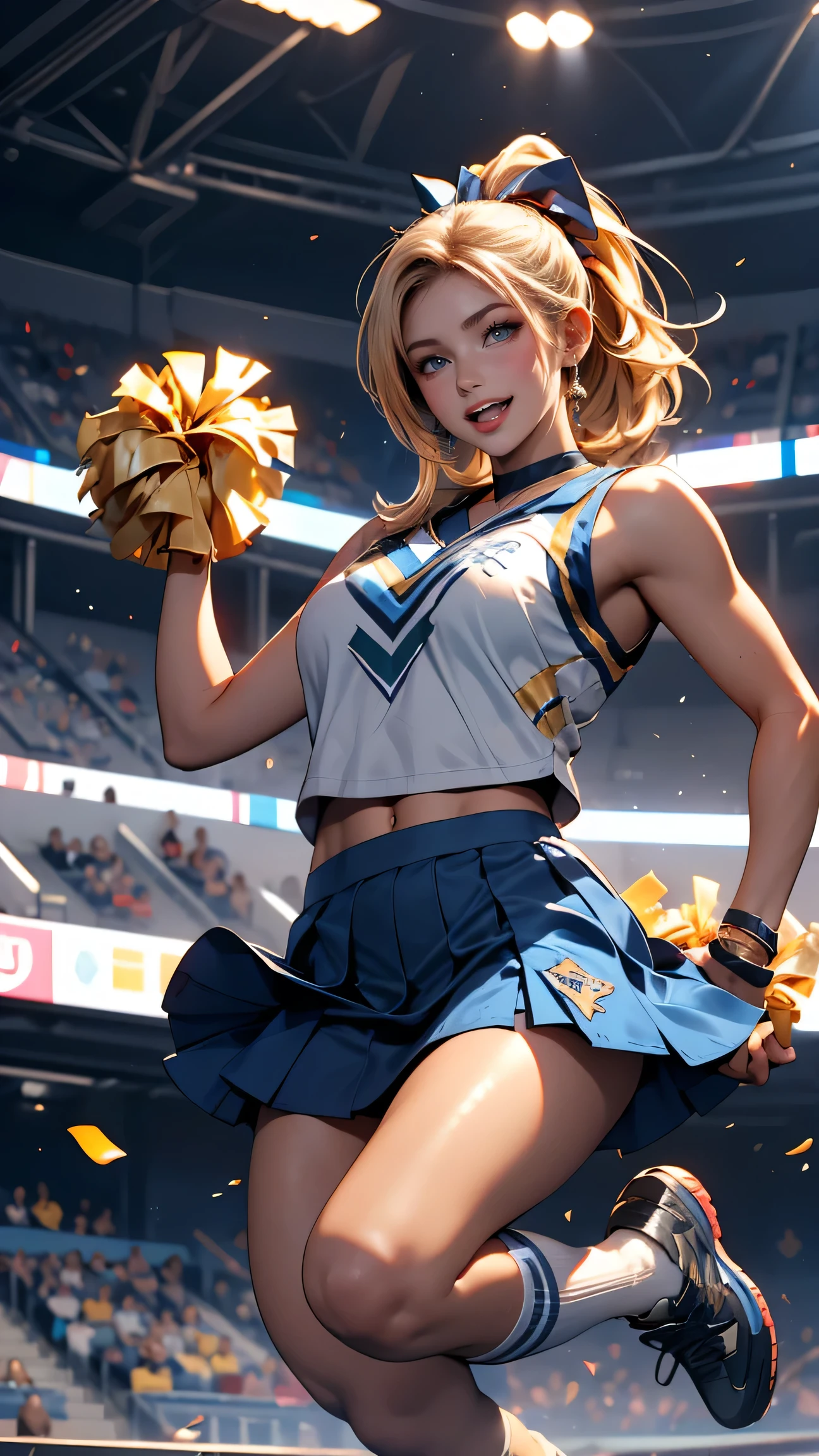 Absurd, Super detailedな,(In 8K:1.3),Masseter muscle area,(masterpiece:1.2)、(Highest quality)、4K、Super detailed、(Movement Structure:1.4)、(Shining Lights、Atmosphere lighting), High resolution, Best Quality、(One girl:1.4),Super detailedな,Bright colors、Treebreak Production Art、(Warm color light source:1.2),High-level image quality、Fine image quality、Intricate details,Volumetric Lighting,Realism BREAK、Profile、 Idol face、、Very beautiful face and eyes, Beautiful images、natural make up、 big eyes, (Big Tits:1.2)、(Breast bag:1.2)、(glossy skin :1.5)、(Baby Face:1. leg up, standing:1.5)、Plump thighs、 (Stadium:1.2) 、 (blonde hair,wavy hair:1.2)、 (((wearing cheerleader costume)))、 smile