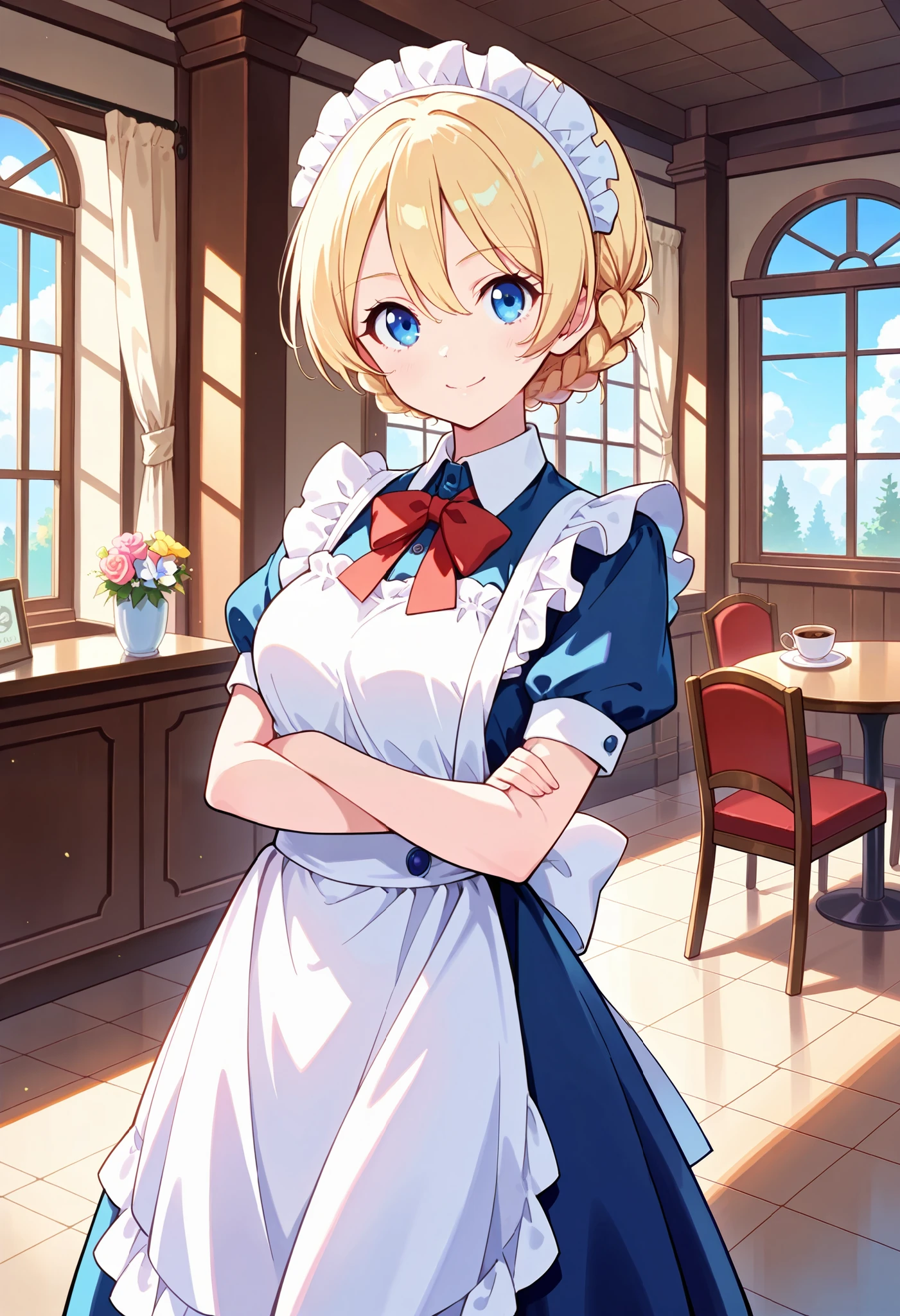 Best Quality, Good Quality, on the left and right side very beautiful,high resolution , high quality DVD、Standing、one girl, alone,Darjeeling, short hair , braided hair , bungs , maid clothes、ビクトリア朝maid clothes , indoor、Cafe、cowboy short,