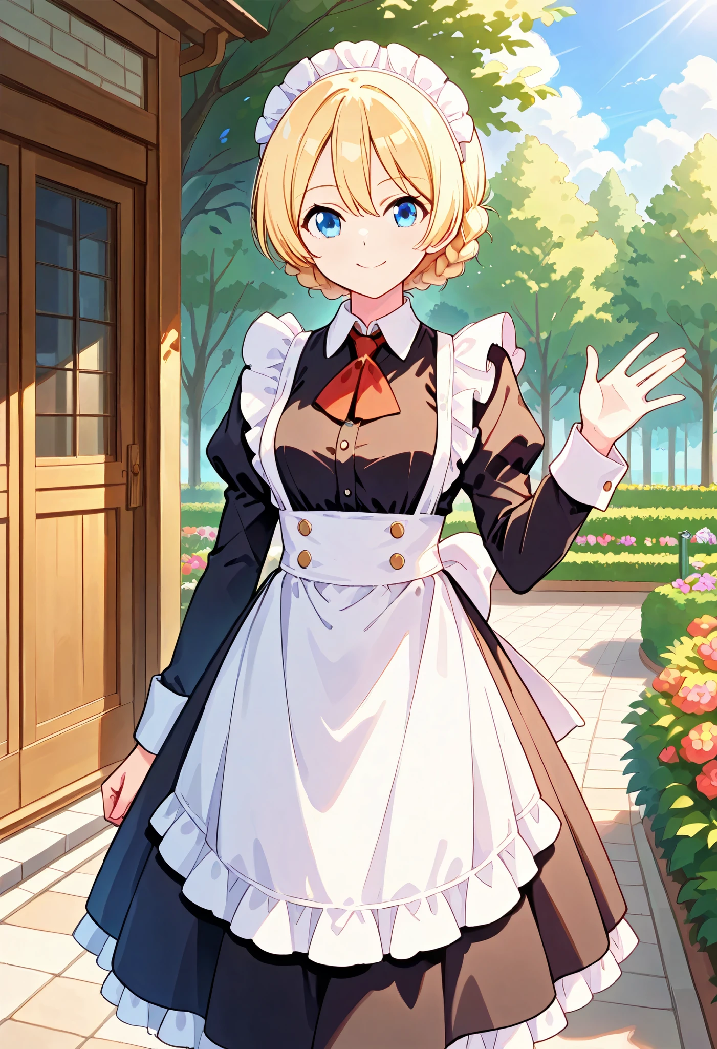 Best Quality, Good Quality, on the left and right side very beautiful,high resolution , high quality DVD、Standing、one girl, alone,Darjeeling, short hair , braided hair , bungs , maid clothes、ビクトリア朝maid clothes , outdoor ,garden、cowboy short,is waving