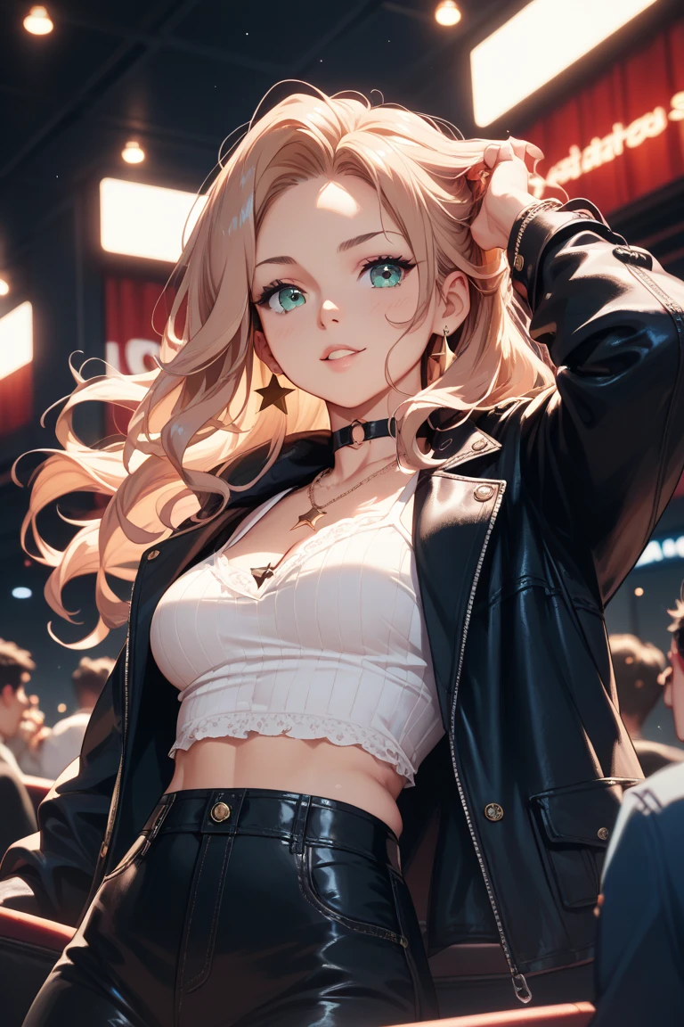 (masterpiece:1.2, best quality), 1lady, solo, upper body, big tits,
Chic and edgy leather jacket paired with a classic white t-shirt and distressed jeans
Confident and effortless with minimal makeup and a messy bun
(in Music festival:1.15)