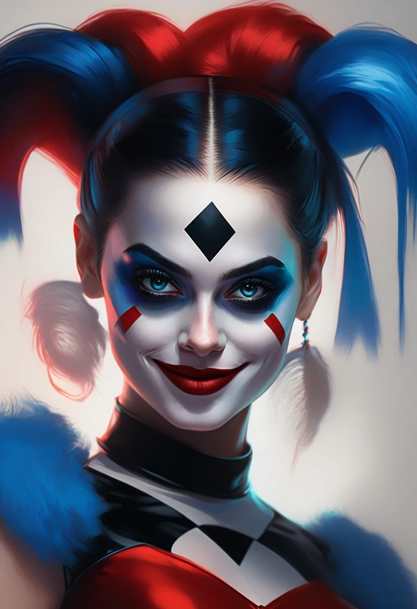 jester women, sexly, very beautiful Colombian style, face perfect, perfects eyes, dressed up as a jester, with two-pronged joker hood and face paint like Harley Quin, seios grandes e sexly, little clothing, provocative, she is playing a slot machine

