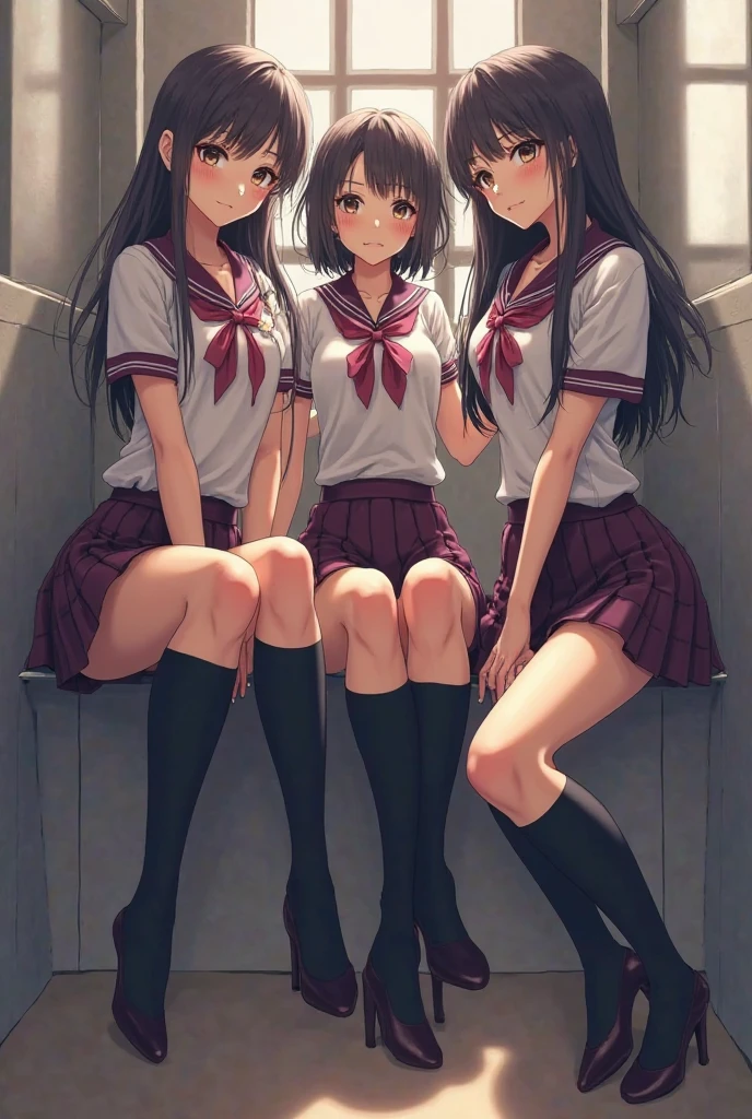 Three happy girls were sitting on the stone steps, Take a full body photo、Have fun and laugh、She was wearing a white blouse, バンズ sneakers, Red checked skirt、白いsneakers, Black Hair, detached houses, Flowers,Happy girl with round face, Big eyes, Long eyelashes, Full-body display、Detailed Private Parts、Hairless、Detailed female genitalia、Spread your legs、真From below、I see your white pants、Highest quality, Ultra-high resolution, (Realistic: )2D official style cel animation,((Like Hayate!Three girls sitting in a row。))mini skirt,summer shirt,(Lace panties),loose socks,sneakers,Full body portrait,(From below),Station stairs,sunny,Troubled face,Spread your legs