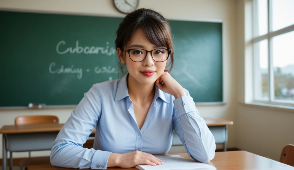 8K, masterpiece, ultra HD, intricate detailed, RAW photo, highly detailed, RAW photo, best quality, A beautiful girl, 22 years old, pale skin, real skin, slightly smile, wearing school uniform, open white shirt, arms up, small breast, ((grey mini skirt:1.3)), black round glasses, ((Sitting front view:1.5)), ((spreading legs:1.4)), (sitting on classroom's chair:1.5), front view:1.5, Blured background, depth of field, (lift skirt by myself, show my white panties:1.1), half body shots, closer photo taken, barefeet, Slim body, slender legs, slim muscular body, small breast, wavy hair, ash-brown hair color, ((front view, from below:1.5)),white panties,soft front lighting,1 girl ,solo,beauty,1girl