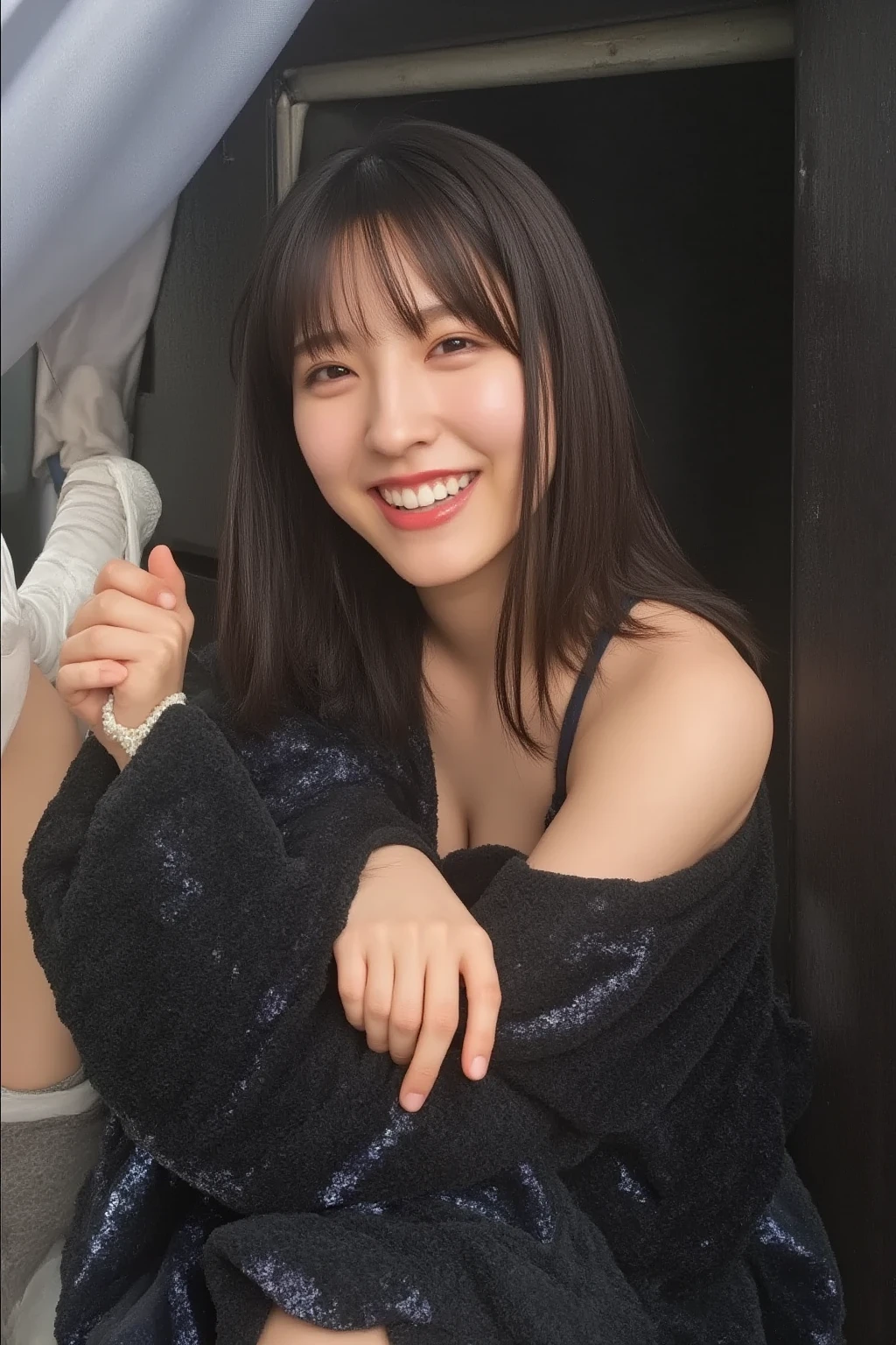 a woman,1 girl,black hair, hair bobbles, longeyelashes, solid circle eyes, light smile, mole under eye, piercing, light smile, shy, puckered lips, Surrealism, drop shadow, stereogram, ass pov, atmospheric perspective, depth of field, first-person view, f/1.8, 8K, super detail, ccurate, best quality, highres, best quality,full body,professional lighting,Cleavage