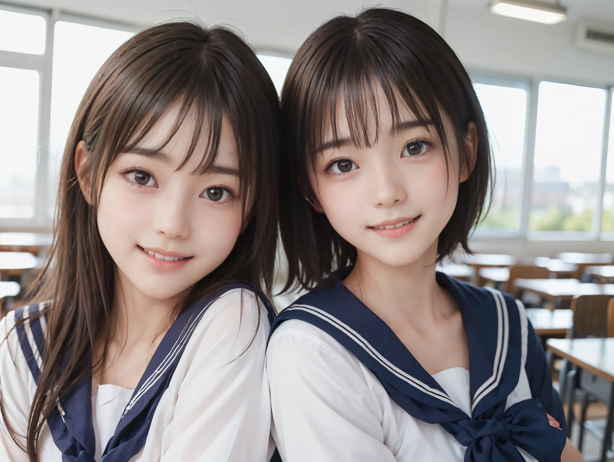 ((Two girls standing side by side)), ((sailor suit)), (portrait), (((The girl on the left has large breasts, The girl on the right has small breasts:1.4, The girl on the left has short hair, The girl on the right has long hair, The girl on the left has a cool expression, the girl on the right has a cute expression:1.2))), ((pale skin:1.3)), (smile, baby face:1.3), sunset lighting, classroom, (best quality), realistic, (live-action, complicated details), Natural Skin Texture