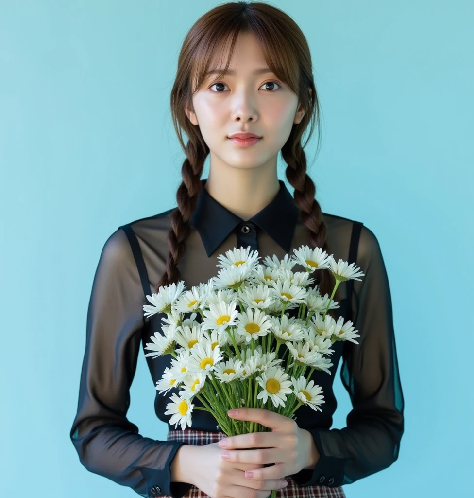 There is a woman holding a lot of flowers in her hands, with flowers, Holding flowers, carrying flowers, female portrait with flowers, Magic flower in hand, Wearing a hoodie and flowers, Kind cyborg girl with flowers, in style of digital illustration, picking up a flower, holding a flower, digitally colored, with frozen flowers around her, colored screentone