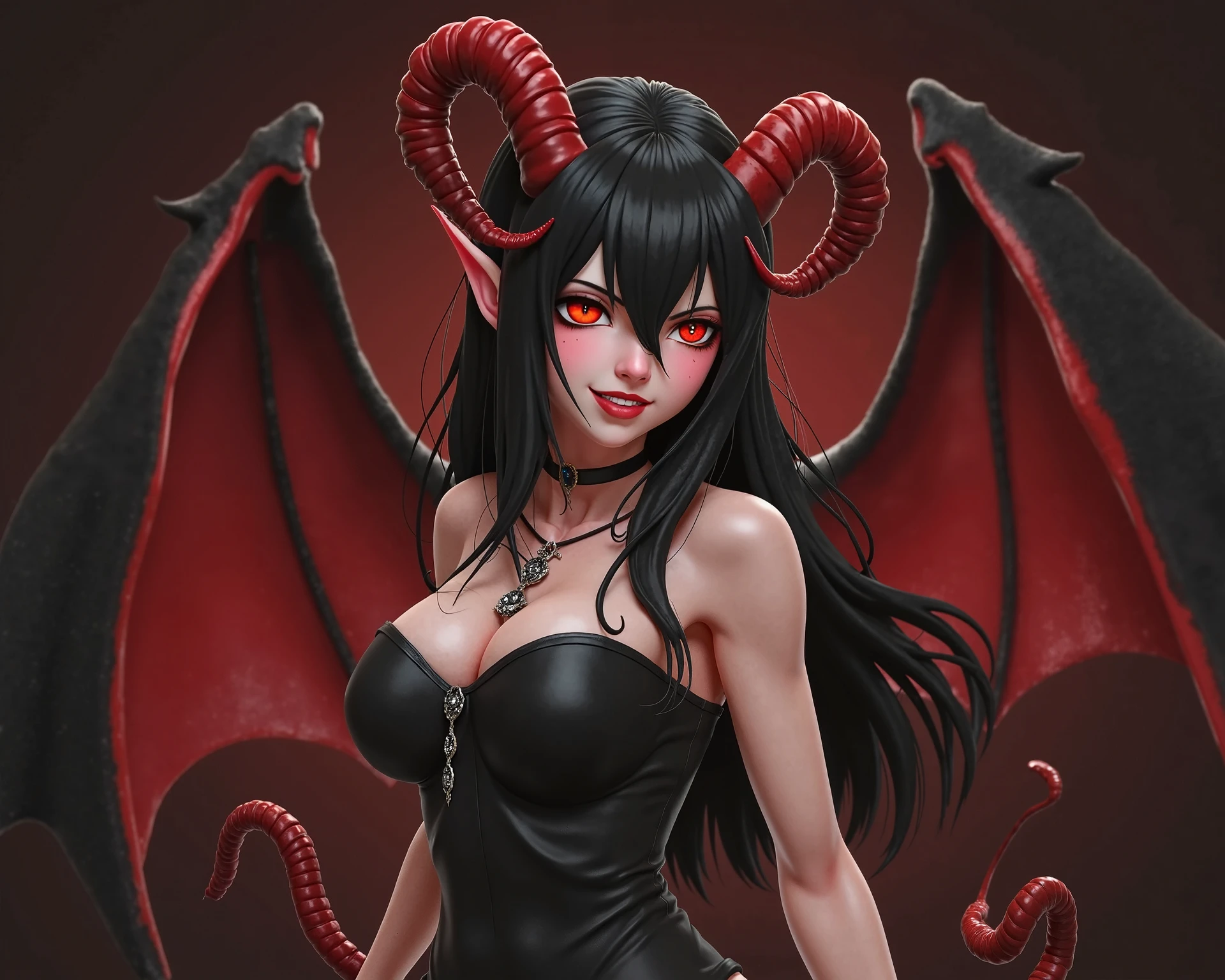 Half-naked demonic woman with red skin, black hair, horns, yellow eyes and bulge in leather pants --auto --s2