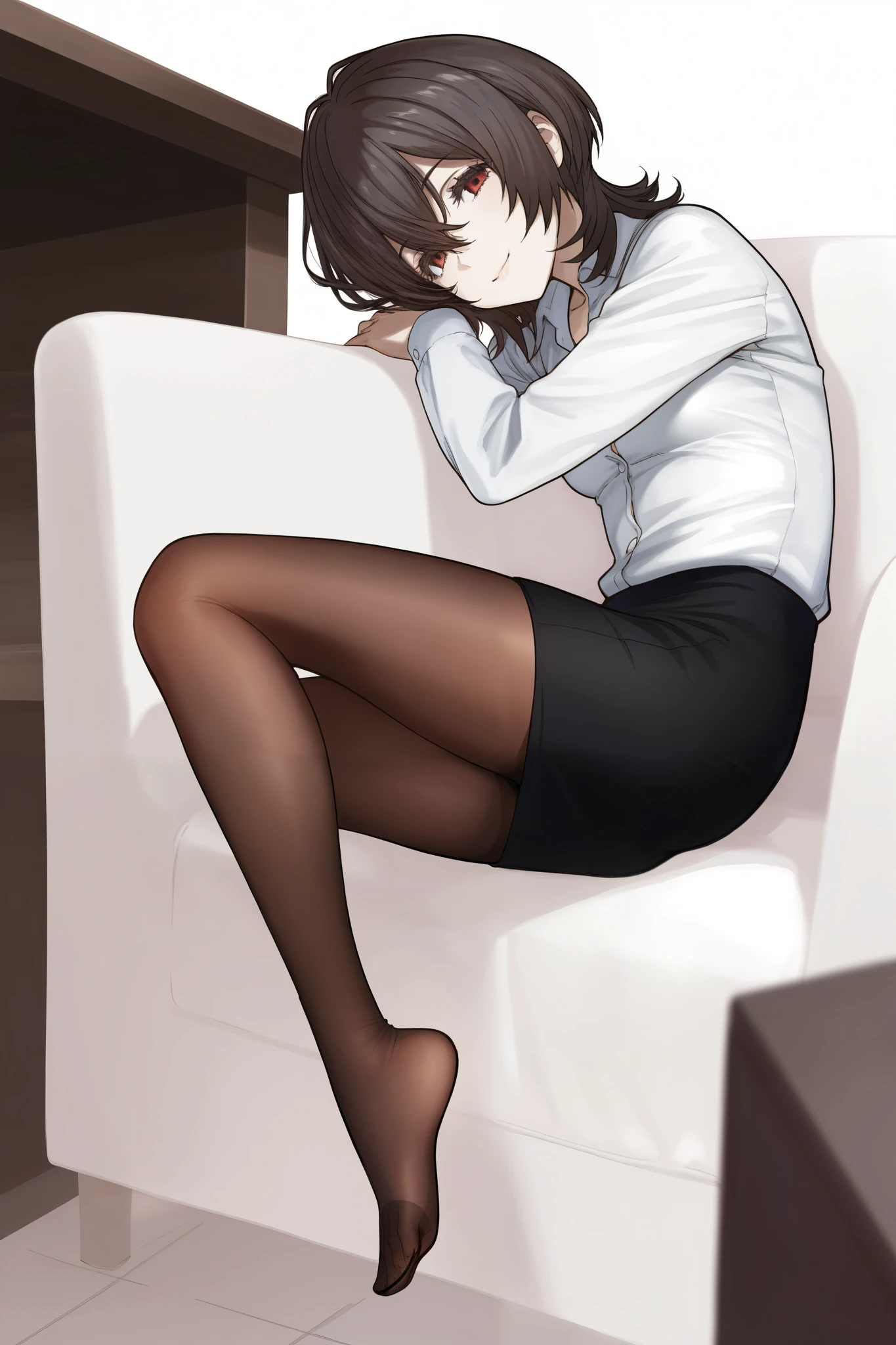 1 flight attendant, 独奏, , White high heels, White transparent skinny shirt, white mini-skirt, tmasterpiece, Best quality at best, realisticlying, ultra - detailed, (shiny skins, perspired:1.4), absurderes, looking at viewert, with short black hair, with brown eye,Slender,Dynamic light and shadow,A high resolution,Sharp focus,depth of fields,The eyes are delicate,Sharp pupils,pupil realistic,(Rounded chest),(Long legs:1.4),Planes，squatting pose，black pantyhoses，cleanness，stocklings，blackstockings，cropped shoulders，Toes，