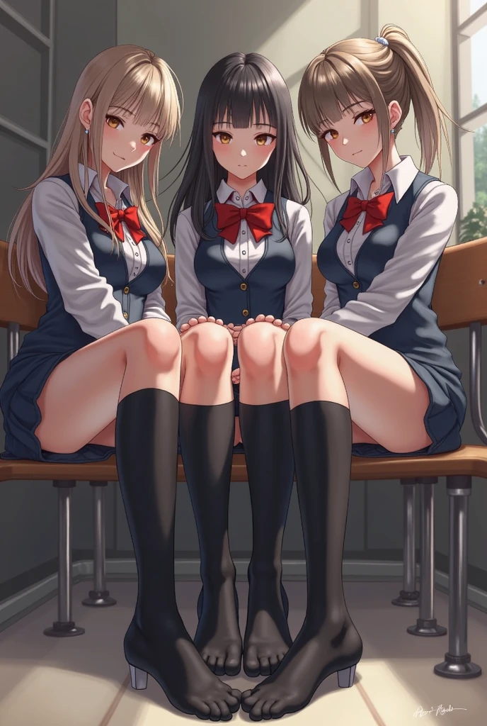 ((2 girls))、(smile:1.5)、(blush)、shirt、blouse、((fun))、chiralism、(small breasts)、single blade、blake black footwear,(黒いskirt)、bow, button, 襟の付いたshirt, long sleeve, ((red bow tie, , black jacket, open jacket, Brown cardigan, 白のshirt, 黒のskirt, チェック柄のskirt、white socks)),, shirtを,, skirt, socks, thighs, 白い shirt, Rest indoors, ((classroom:1.5))、 BREAK looking at viewer、undressing、panty pull、(skirtを掴む:1.0)、 (perfect hands, perfect anatomy),cowboy shot、(skirt lift:1.3), (No panties:1.3)、((shaved pussy:1.5))、(skirt that rolls up:1.3)、(Highly detailed labia fully exposed:1.5)、(Photo seen from below)、
