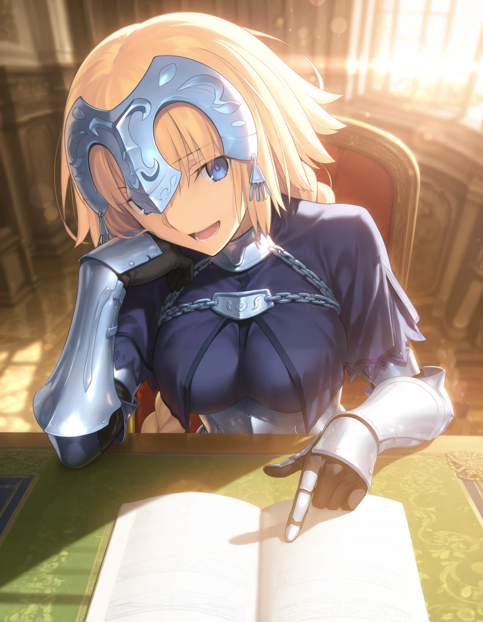 masterpiece, , absurdres, highres, detailed background, high resolution, masterpiece, necessary, detail, best quality, quality, necessary, details, High details, Precise,, backlight, day, indoors, solo, lens flare, blurry background, (upper body shot), from above, ,
girl, Takeuchi Takashi (type-moon,fate) style, takeuchi takashi style, (sitting), Laughing from the heart, leaning on object, Heart racing,
girl, mature, tall female, jeanne d arc, \(fgo\), blue eyes, half-closed eyes, jeanne d arc, blonde hair, medium hair, (pointing at viewer), armor, armored dress, black gloves, black thighhighs, big braid, dress, gauntlets, gloves, headpiece, blue dress, single braid, thighhighs, medium breasts, looking at viewer, , ,