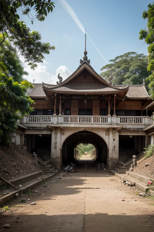 raw photo, photorealistic, realistic, absurdres,highres, landscape, cyberpunk, detailed background, <lora:Vietnamese_village_communal_house:1.0>, Vietnam temple, dinhlang, wide shot, landscape, mechanical parts, outdoors,, masterpiece,ultra realistic,32k,extremely detailed CG unity 8k wallpaper, best quality