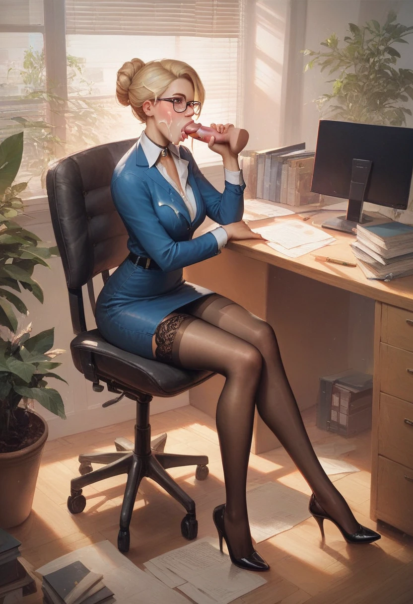 black blazer, black pencil skirt, wide hips, thick legs, thick thighs, wearing small black high heels, sitting on a chair, knees bent inward, handjob 