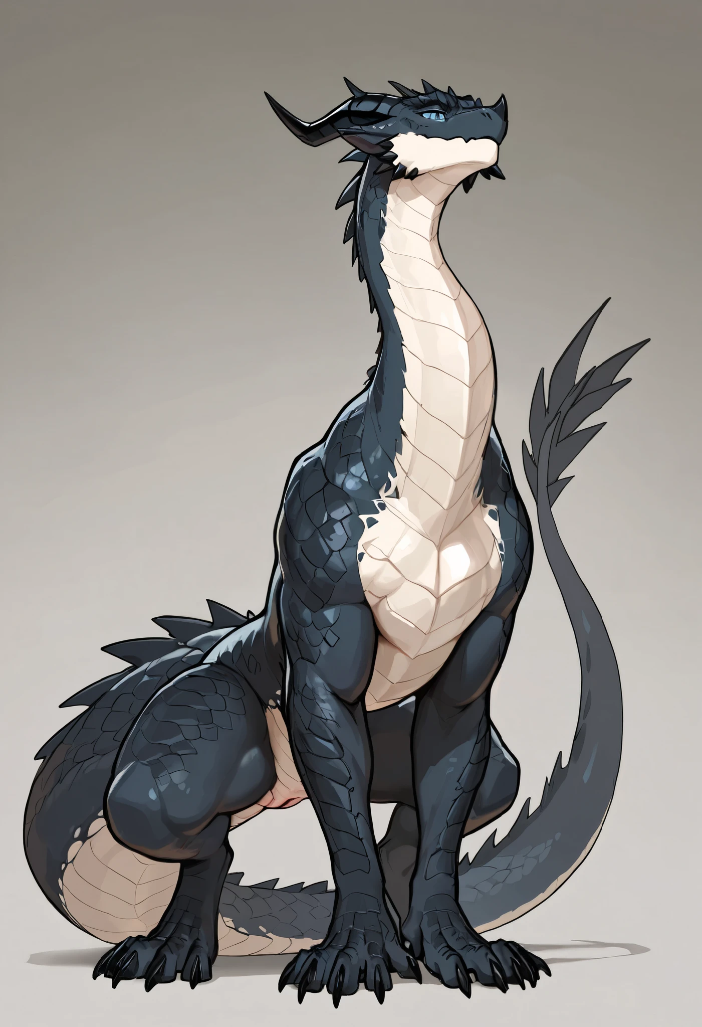 by chunie, by kanel, by iskra, (flat colors:1.2),
female, scalie, dragon, (feral, feral female:1.2), (black scales, black skin:1.2), white belly, white breasts, belly scales, standing,
long neck, dragon horns, large horns, black horns,
blue eyes, looking at viewer,
smile, tongue out,
voluptuous, curvaceous, plump, huge breasts, nipples,
thighs,
erection, equine penis, (ribbed penis:1.2), (huge penis, thick penis, long penis, huge balls:1.2), saggy balls, black penis, white balls, (big sheath:1.2), white sheath,
simple background, white background,